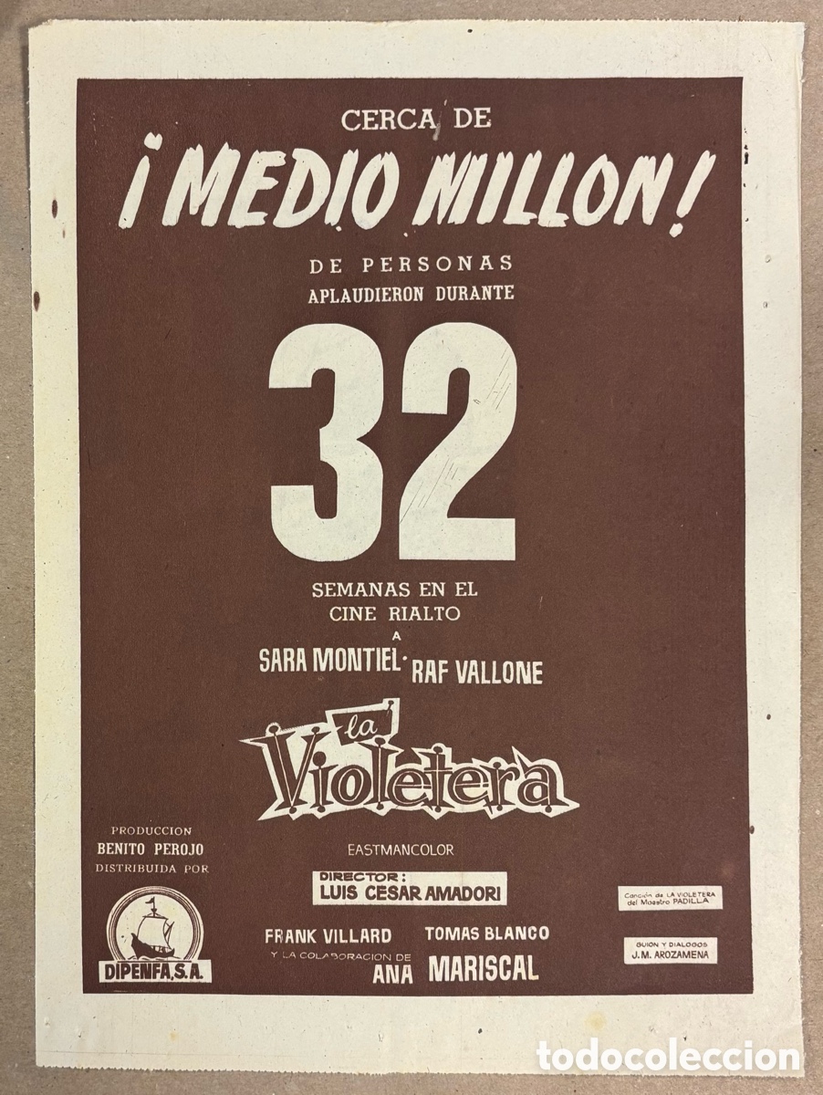 Cine: LA VIOLETERA (SARA MONTIEL, ANA MARISCAL). CARTEL PUBLICITARIO PERI&Oacute;DICO ABC DE 1958..