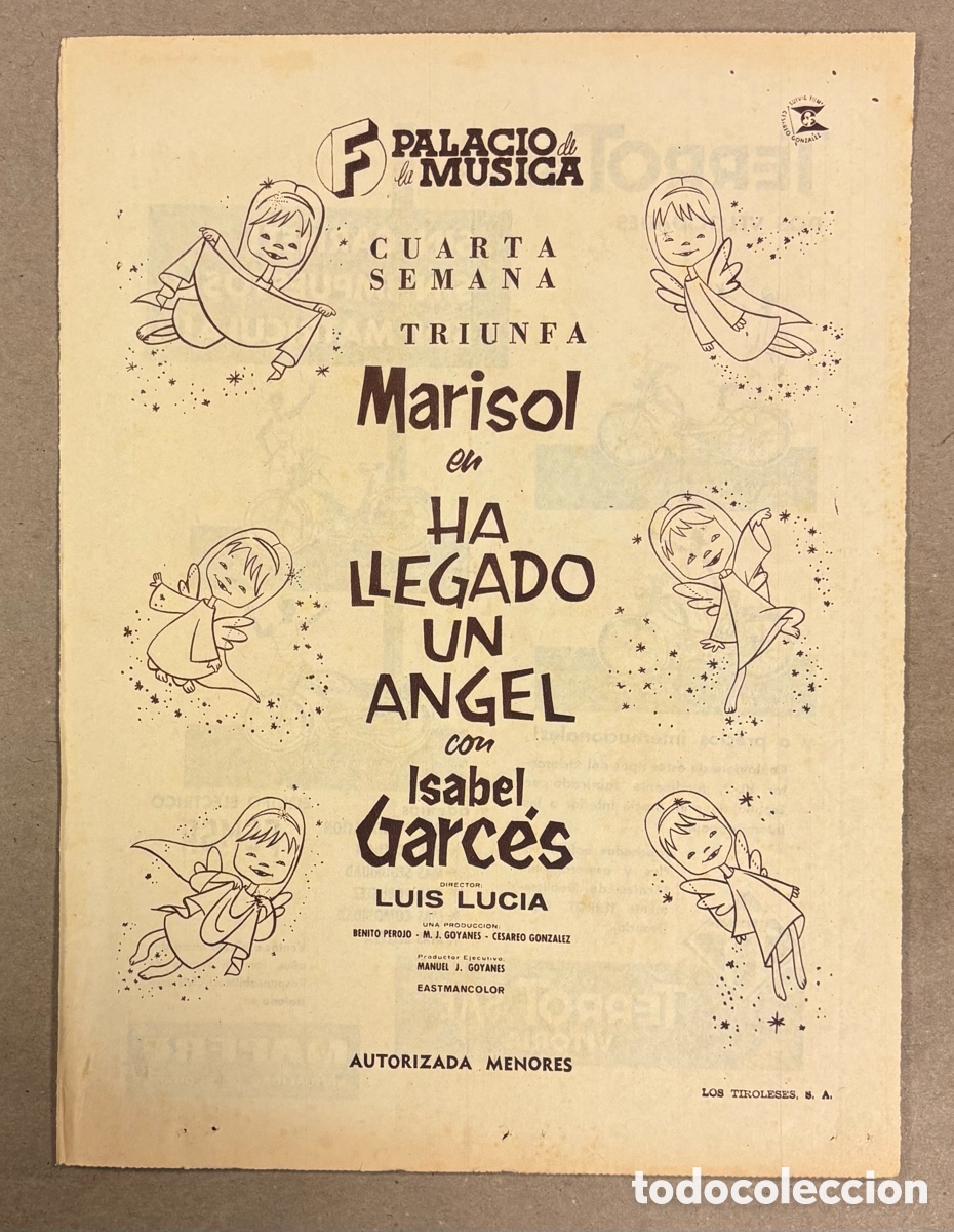 Cine: MARISOL EN HA LLEGADO UN &Aacute;NGEL(ISABEL GARC&Eacute;S). CARTEL PUBLICITARIO PERI&Oacute;DICO ABC DE 1961..