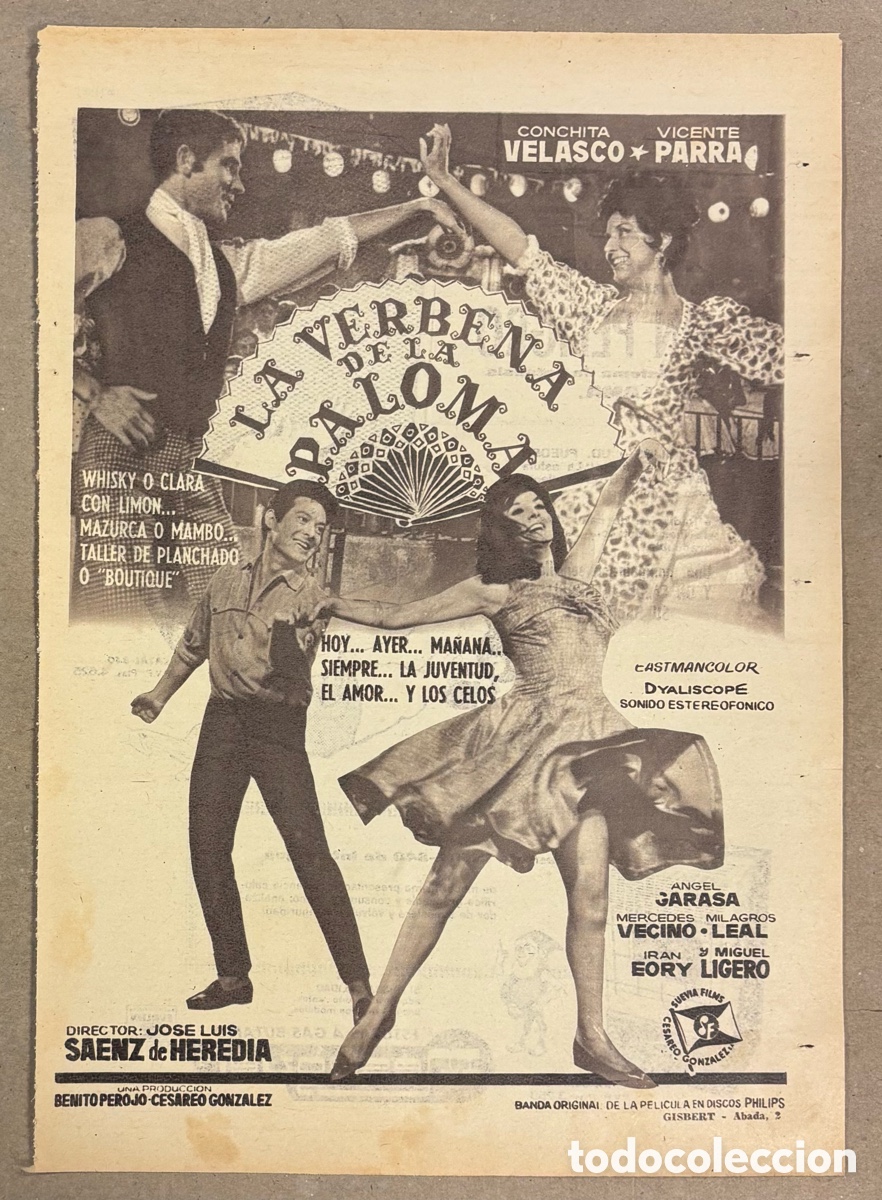 Cine: LA VERBENA DE LA PALOMA (CONCHITA VELASCO, VICENTE PARRA). CARTEL PUBLICITARIO PERI&Oacute;DICO ABC DE 1963