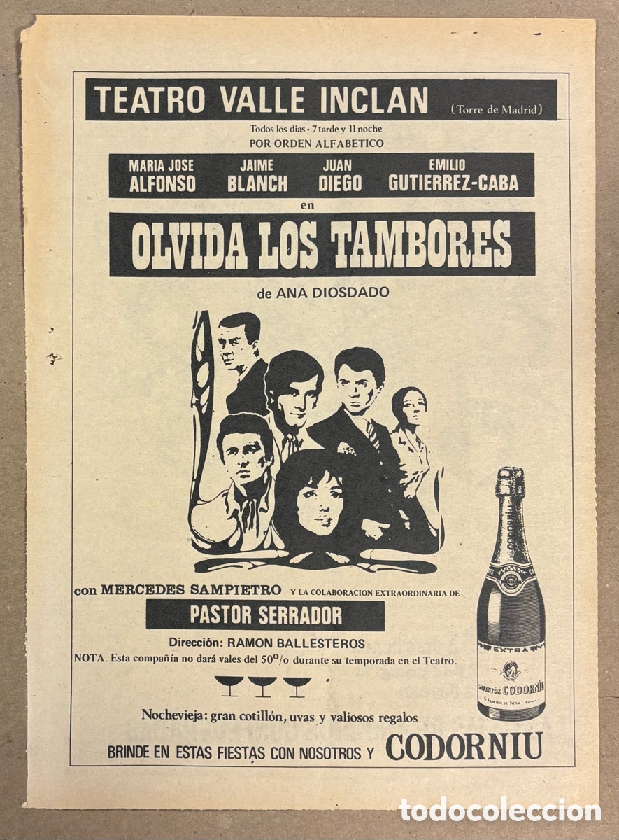 Cine: OLVIDA LOS TAMBORES (ANA DIOSDADO, MERCEDES SAMPIETRO). CARTEL PUBLICITARIO PERI&Oacute;DICO ABC DE 1970