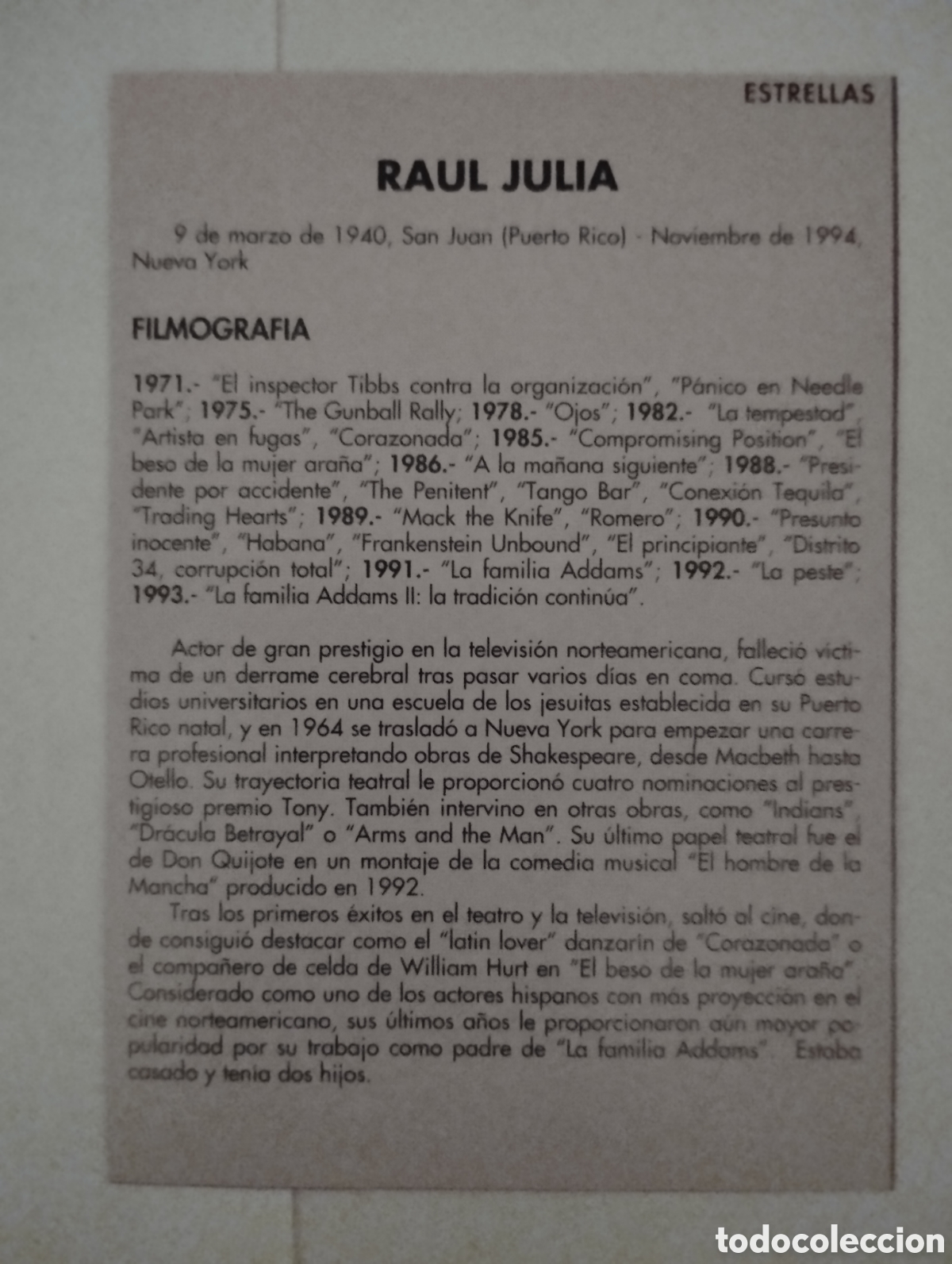 Cine: Minificha N98 Raul Julia - actor. - Foto 2