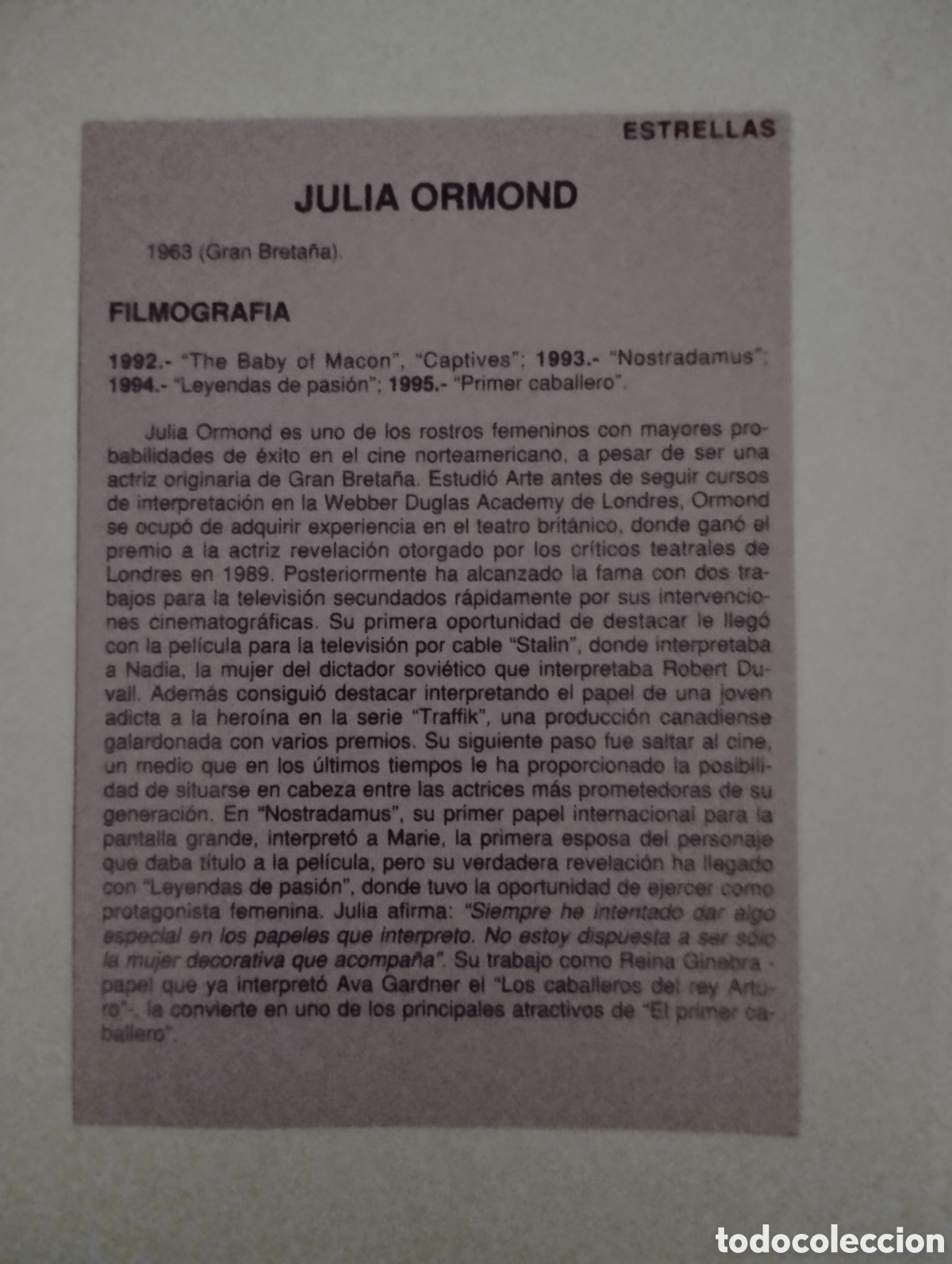 Cine: Minificha N49 Julia Ormond - Actriz. - Foto 2