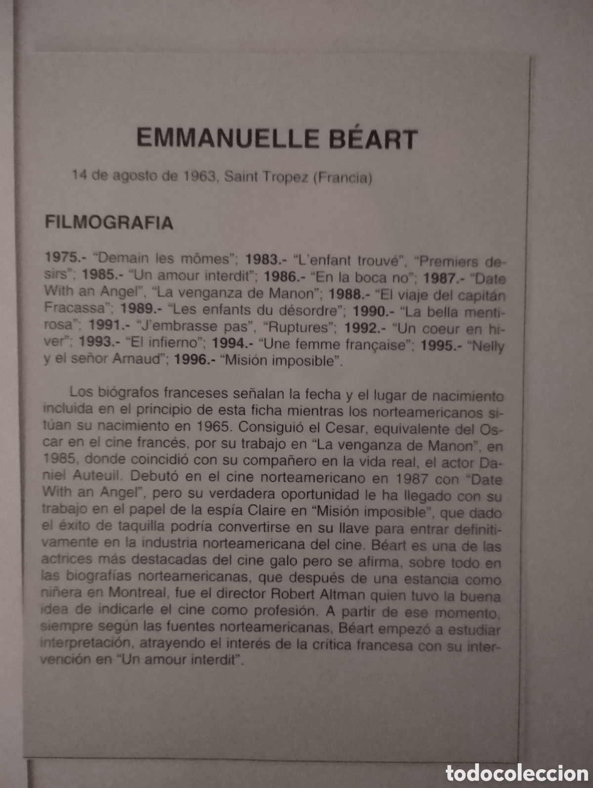 Cine: Minificha N3 Emmanuelle Beart - Actriz. - Foto 2