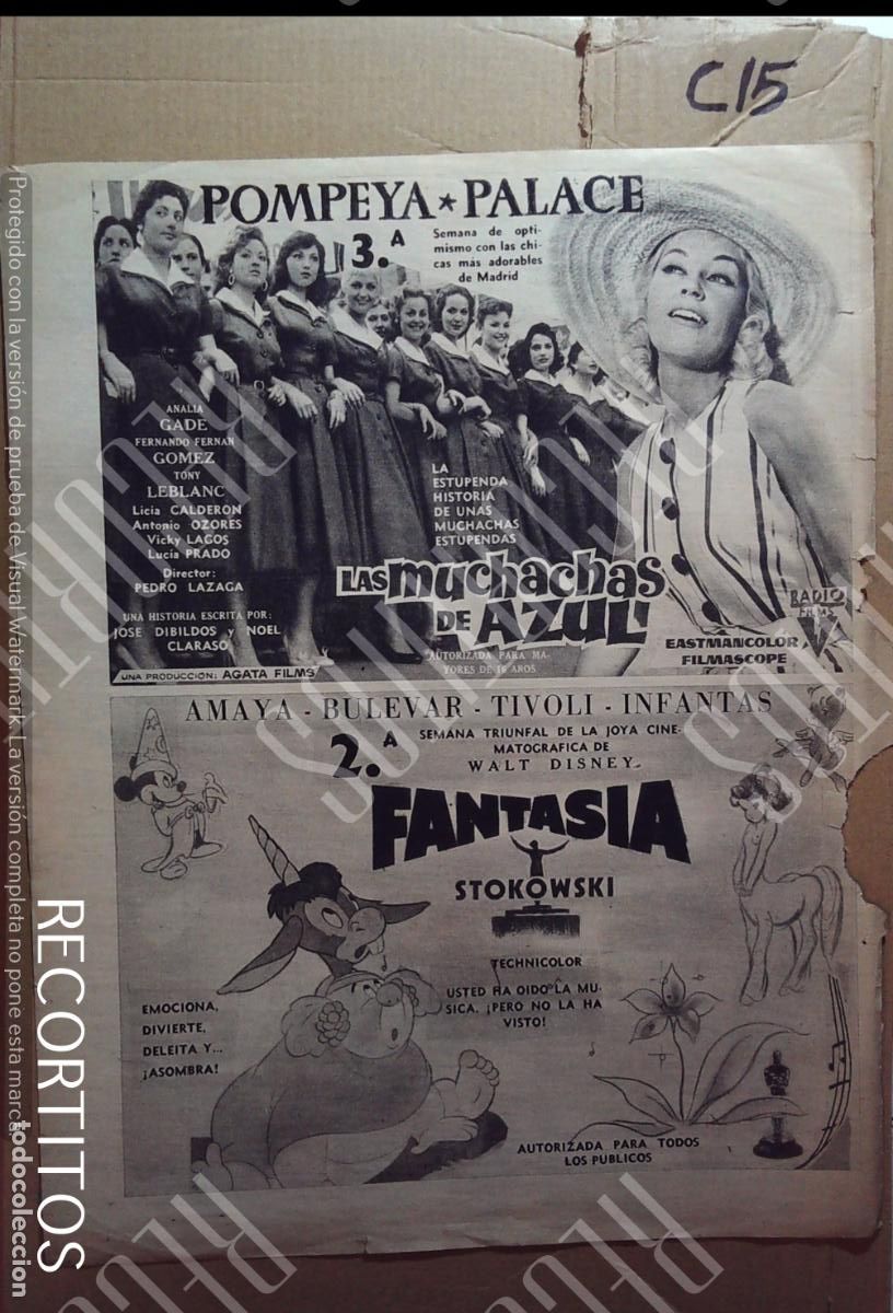 Cine: ESTRENO DE FANTASIA DE WALT DISNEY LAS MUCHACHAS DE AZUL ANALIA GADE FERNANDO FERNAN GOMEZ TONY LEB