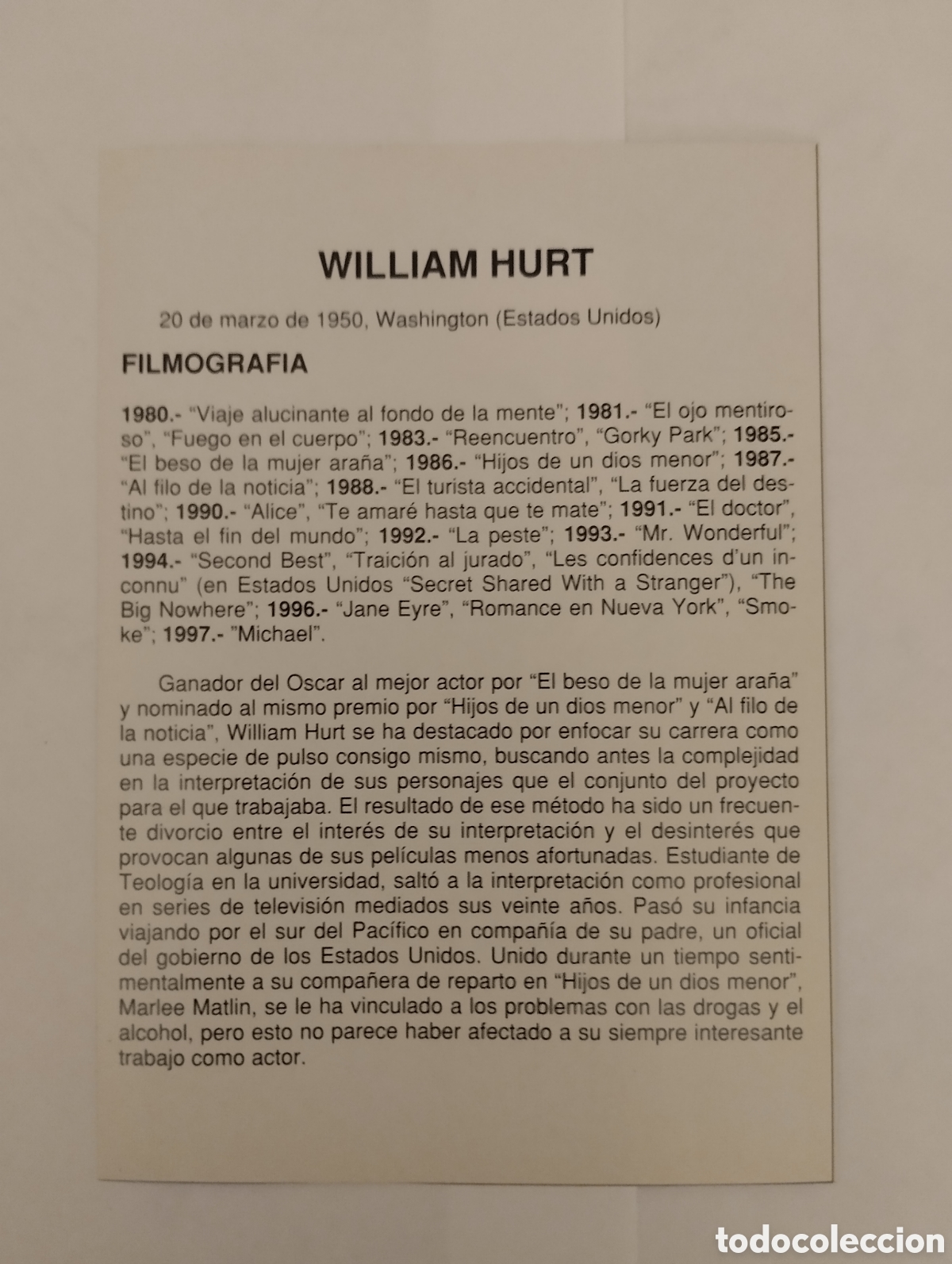 Cine: Minificha N161 William Hurt - Actor. - Foto 2