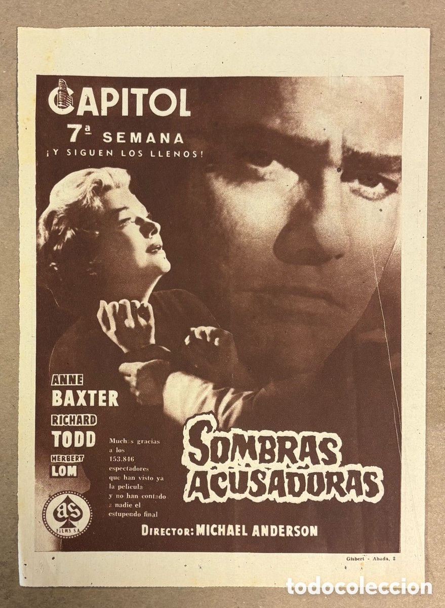 Cine: SOMBRAS ACUSADORAS (ANNE BAXTER). CARTEL PUBLICITARIO PEL&Iacute;CULA PERI&Oacute;DICO ABC 1958.