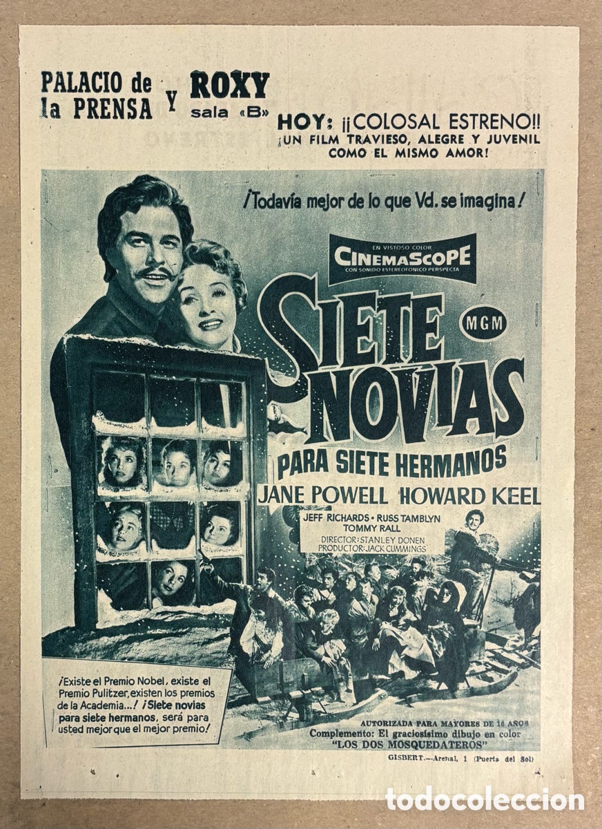 Cine: SIETE NOVIAS PARA SIETE HERMANOS (JANE POWELL). CARTEL PUBLICITARIO PEL&Iacute;CULA PERI&Oacute;DICO ABC 1954