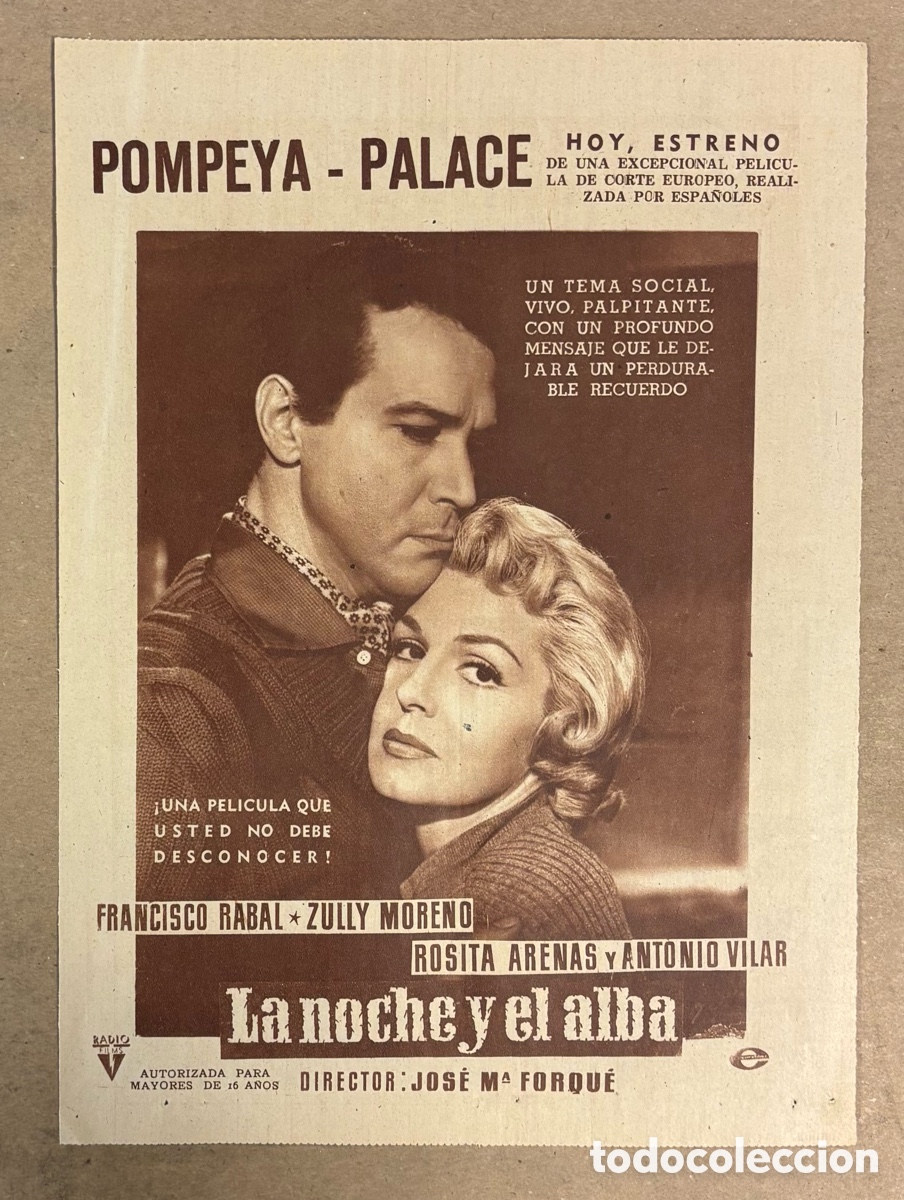 Cine: LA NOCHE Y EL ALBA (FRANCISCO RABAL ZULLY MORENO). CARTEL PUBLICITARIO PEL&Iacute;CULA PERI&Oacute;DICO ABC 1958