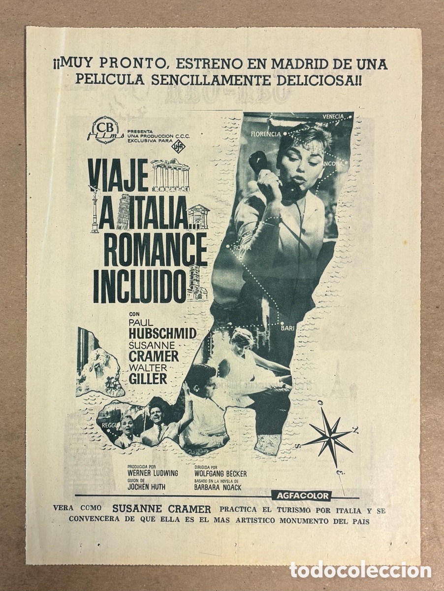 Cine: VIAJE A ITALIA ROMANCE INCLUIDO (SUSANNE CRAMER). CARTEL PUBLICITARIO PEL&Iacute;CULA PERI&Oacute;DICO ABC 1958.
