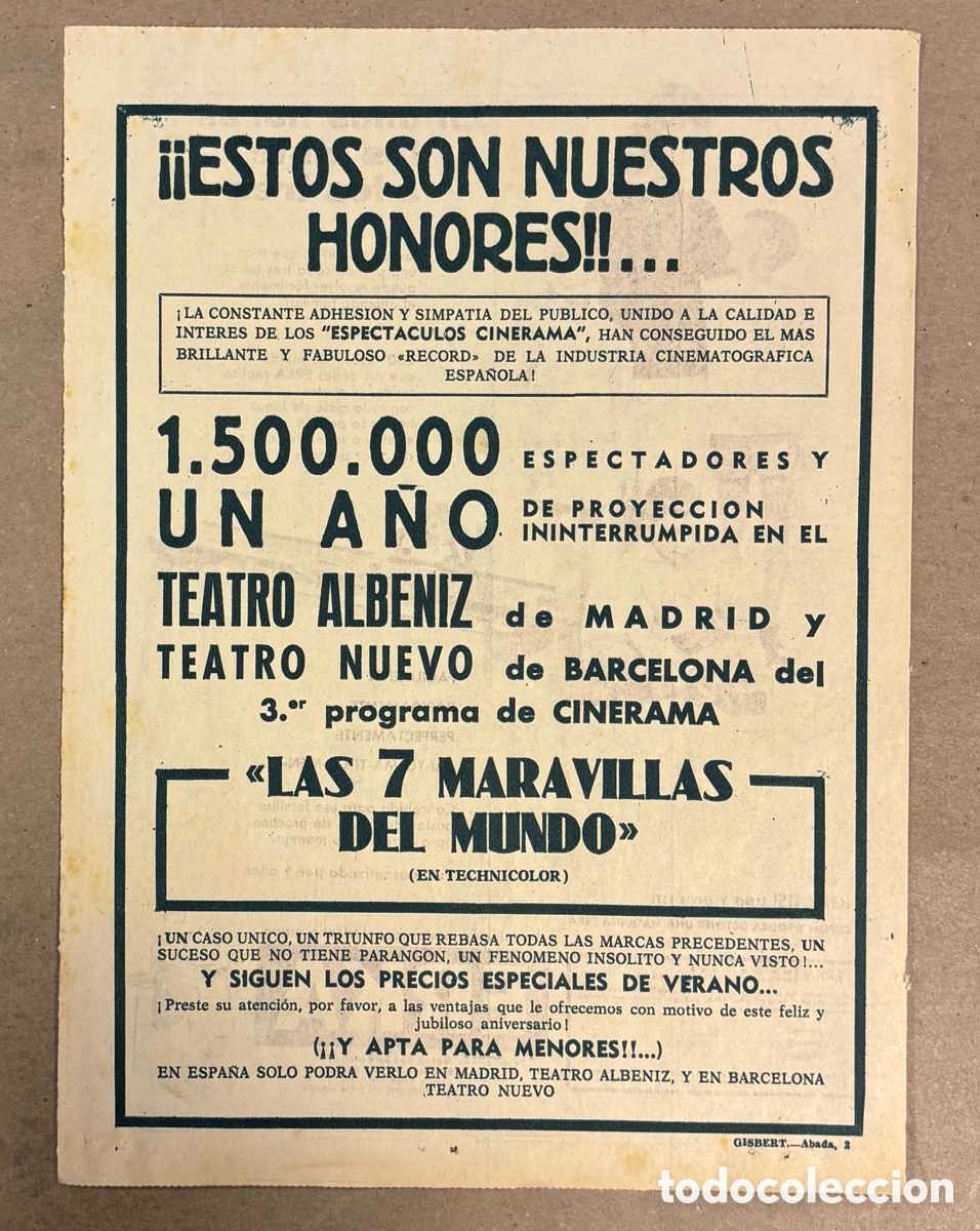 Cine: LAS 7 MARAVILLAS DEL MUNDO. CARTEL PUBLICITARIO PEL&Iacute;CULA PERI&Oacute;DICO ABC A&Ntilde;O 1959. TEATRO ALBENIZ.