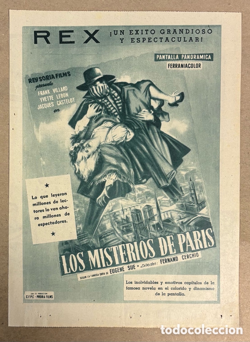Cine: LOS MISTERIOS DE PARIS (FERNAND CERCHIO). CARTEL PUBLICITARIO PEL&Iacute;CULA PERI&Oacute;DICO ABC A&Ntilde;O 1957