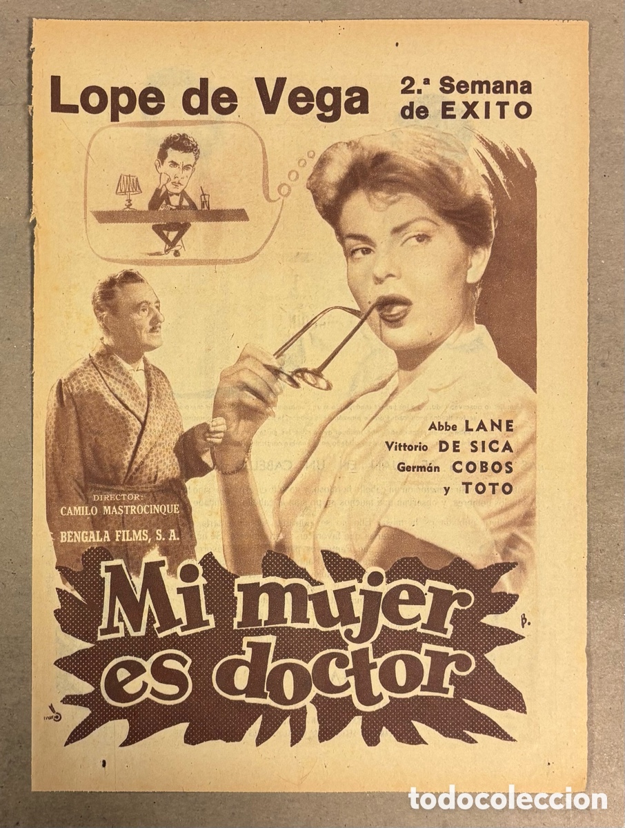 Cine: MI MUJER ES DOCTOR (ABBE LANE, VITTORIO DE SICA). CARTEL PUBLICITARIO PEL&Iacute;CULA PERI&Oacute;DICO ABC 1957