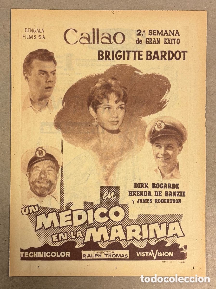 Cine: UN M&Eacute;DICO EN LA MARINA (BRIDGITTE BARDOT). CARTEL PUBLICITARIO PEL&Iacute;CULA PERI&Oacute;DICO ABC A&Ntilde;O 1955