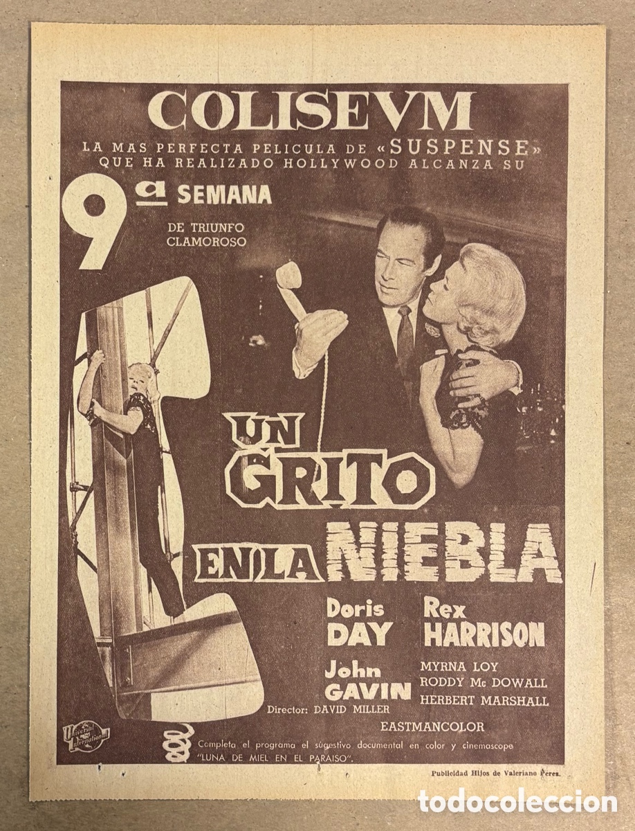 Cine: UN GRITO EN LA NIEBLA (DORIS DAY). CARTEL PUBLICITARIO PEL&Iacute;CULA PERI&Oacute;DICO ABC A&Ntilde;O 1960.