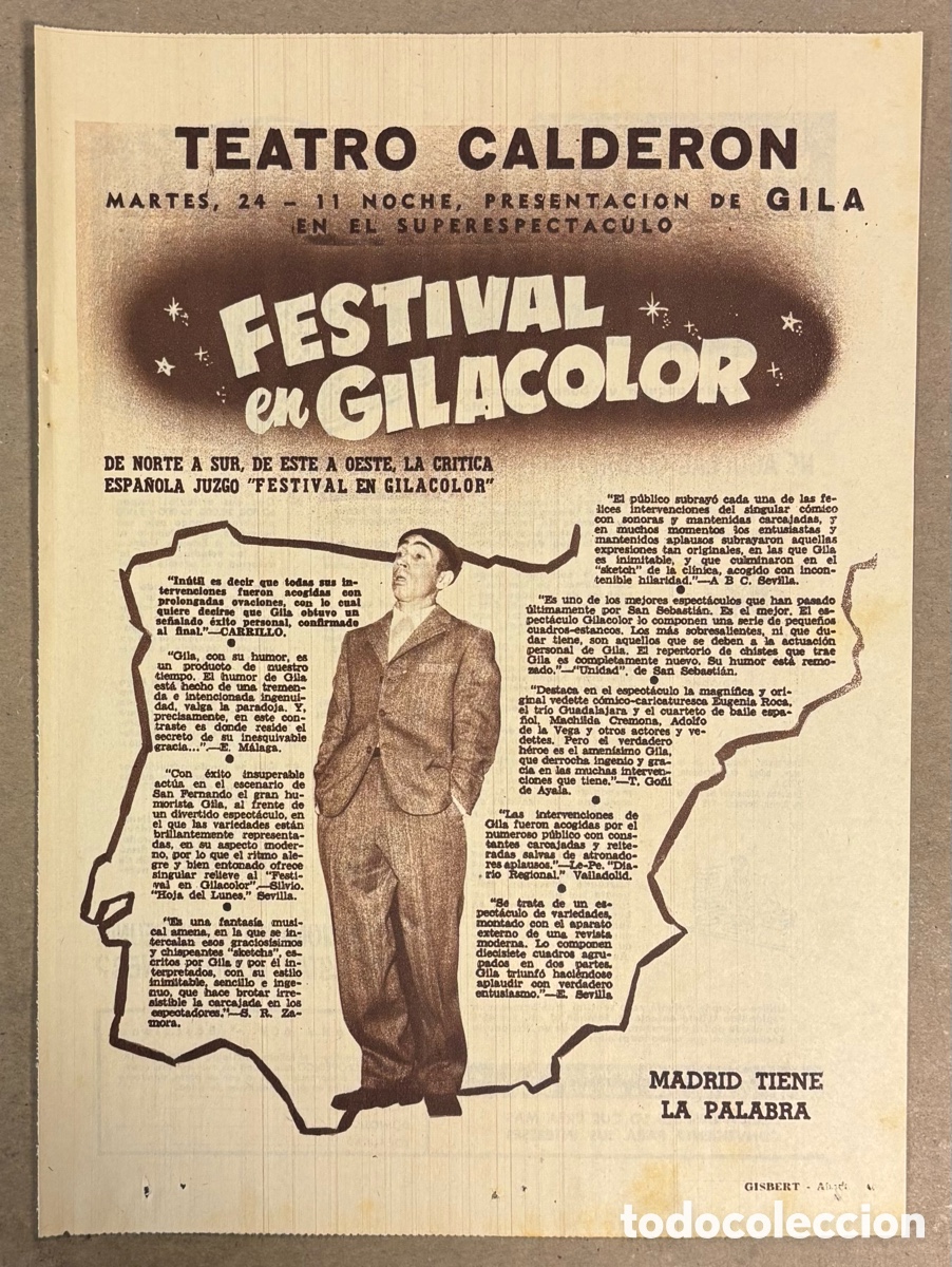 Cinema: FESTIVAL EN GILAGOLOR (GILA). CARTEL PUBLICITARIO TEATRO CALDER&Oacute;N PERI&Oacute;DICO ABC A&Ntilde;O 1958.