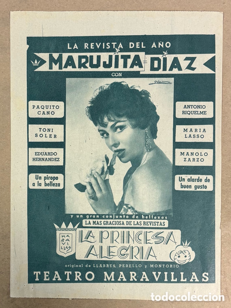 Cinema: LA PRINCESA ALEGR&Iacute;A (MARUJITA D&Iacute;AZ). CARTEL PUBLICITARIO TEATRO MARAVILLAS PERI&Oacute;DICO ABC A&Ntilde;O 1959