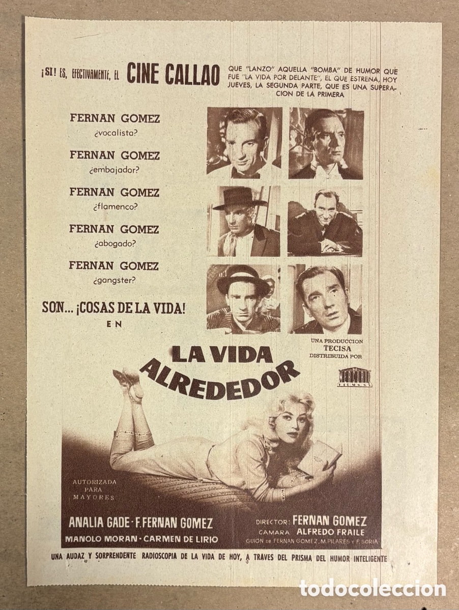 Cine: LA VIDA ALREDEDOR (FERNANDO FERN&Aacute;N G&Oacute;MEZ). CARTEL PUBLICITARIO PEL&Iacute;CULA PERI&Oacute;DICO ABC A&Ntilde;O 1959.