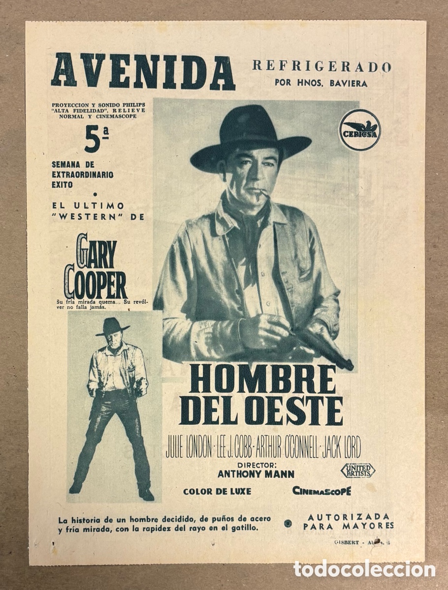 Cine: HOMBRE DEL OESTE (GARY COOPER). CARTEL PUBLICITARIO PEL&Iacute;CULA PERI&Oacute;DICO ABC A&Ntilde;O 1958.