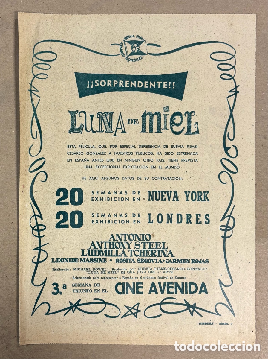 Cine: LUNA DE MIEL (ANTONIO ANTHONY STEEL). CARTEL PUBLICITARIO PEL&Iacute;CULA PERI&Oacute;DICO ABC DE 1959.