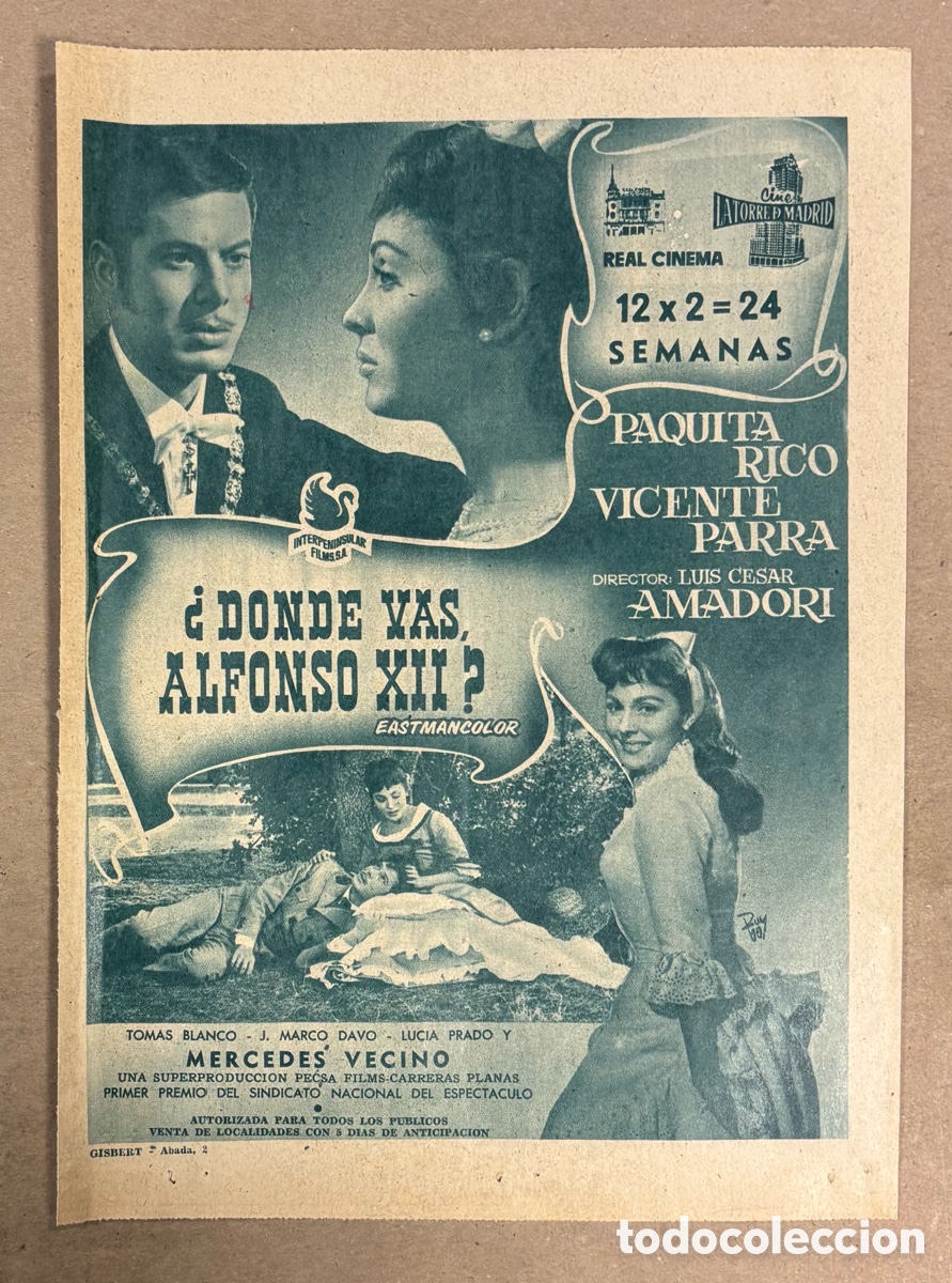 Cine: &iquest;D&Oacute;NDE VAS, ALFONSO XII? (PAQUITA RICO, VICENTE PARRA). CARTEL PUBLICITARIO PEL&Iacute;CULA PERI&Oacute;DICO ABC
