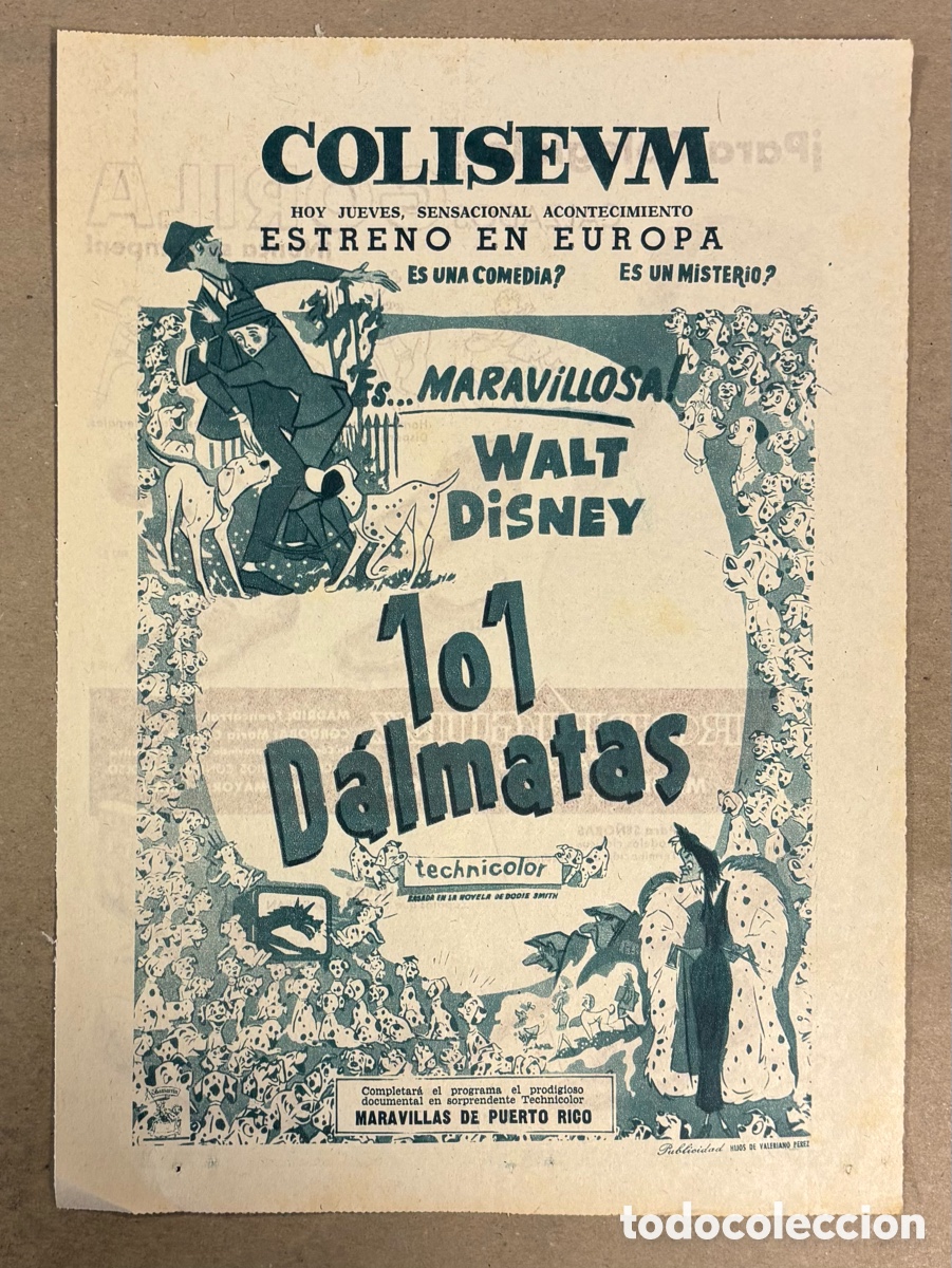 Cine: 101 D&Aacute;LMATAS (WALT DISNEY). CARTEL PUBLICITARIO PEL&Iacute;CULA PERI&Oacute;DICO ABC A&Ntilde;O 1961.