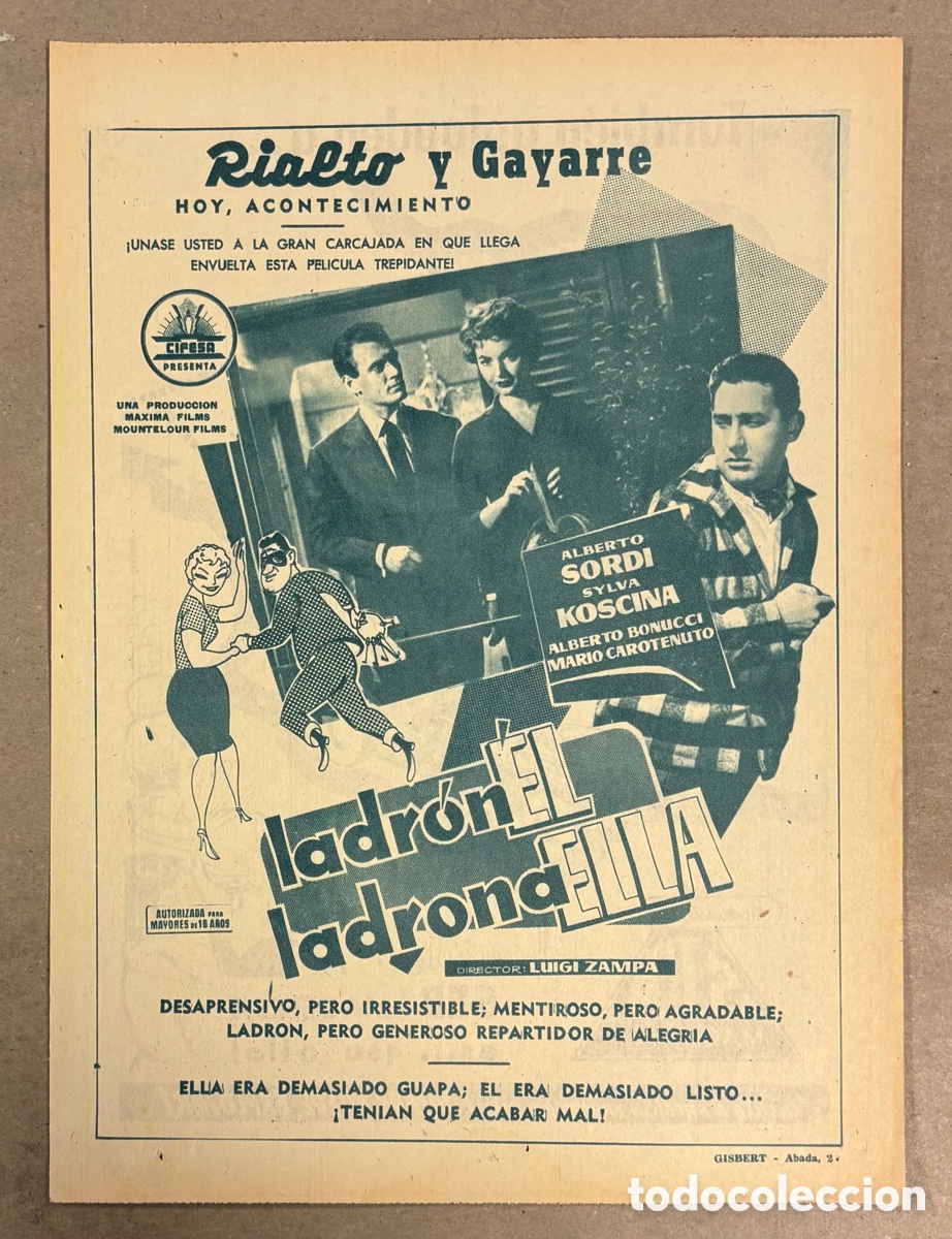 Cine: LADR&Oacute;N &Eacute;L LADRON ELLA (ALBERTO SORDI). CARTEL PUBLICITARIO PEL&Iacute;CULA PERI&Oacute;DICO ABC A&Ntilde;O 1958.