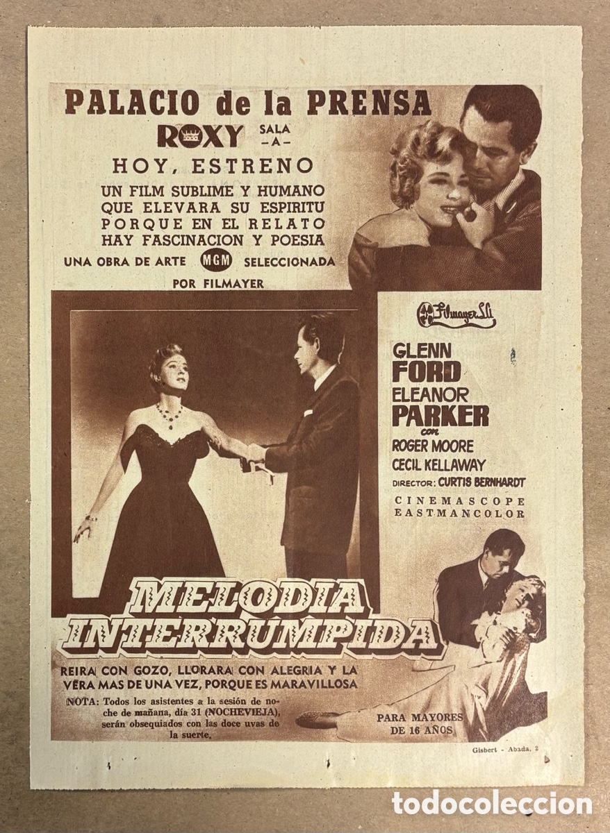 Cine: MELOD&Iacute;A INTERRUMPIDA (GLENN FORD, ELEANOR PARKER). CARTEL PUBLICITARIO PEL&Iacute;CULA PERI&Oacute;DICO ABC 1955