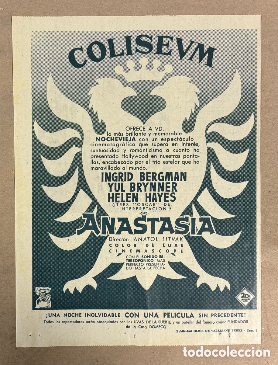 Cine: ANASTASIA (INGRID BERGMAN, YUL BRYNNER). CARTEL PUBLICITARIO PEL&Iacute;CULA PERI&Oacute;DICO ABC A&Ntilde;O 1957