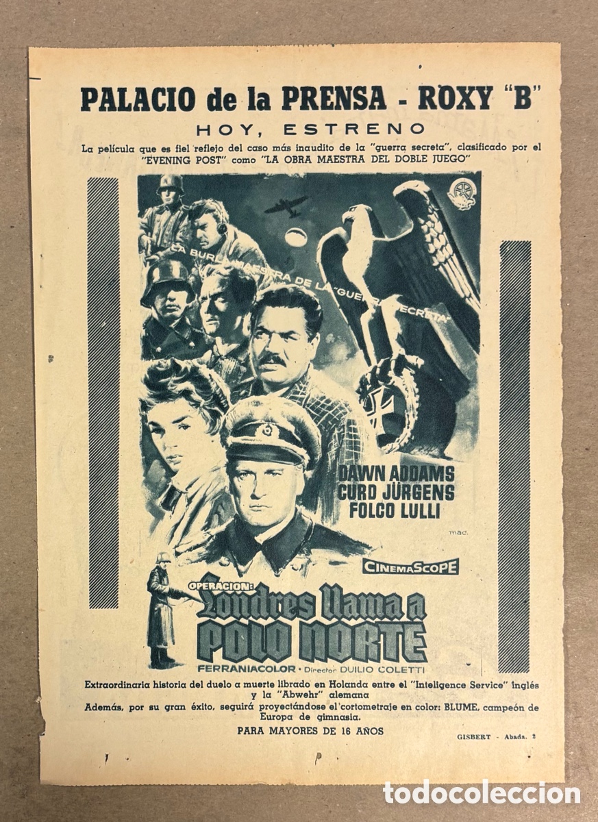 Cine: OPERACI&Oacute;N: LONDRES LLAMA AL POLO NORTE (DAEN ADDAMS). CARTEL PUBLICITARIO PEL&Iacute;CULA PERI&Oacute;DICO