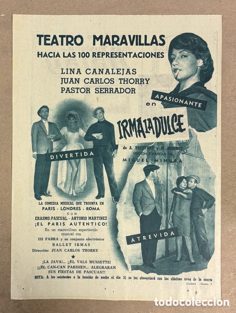 Cine: IRMA LA DULCE (LINA CANALEJAS). CARTEL PUBLICITARIO TEATRO MARAVILLAS PERI&Oacute;DICO ABC A&Ntilde;O 1959