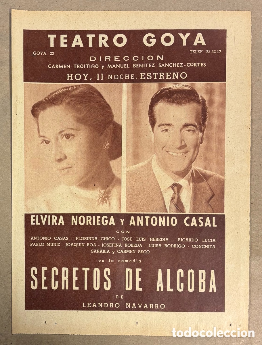 Cine: SECRETOS DE ALCOBA (ELVIRA NORIEGA Y ANTONIO CASAL). CARTEL PUBLICITARIO TEATRO GOYA PERI&Oacute;DICO ABC