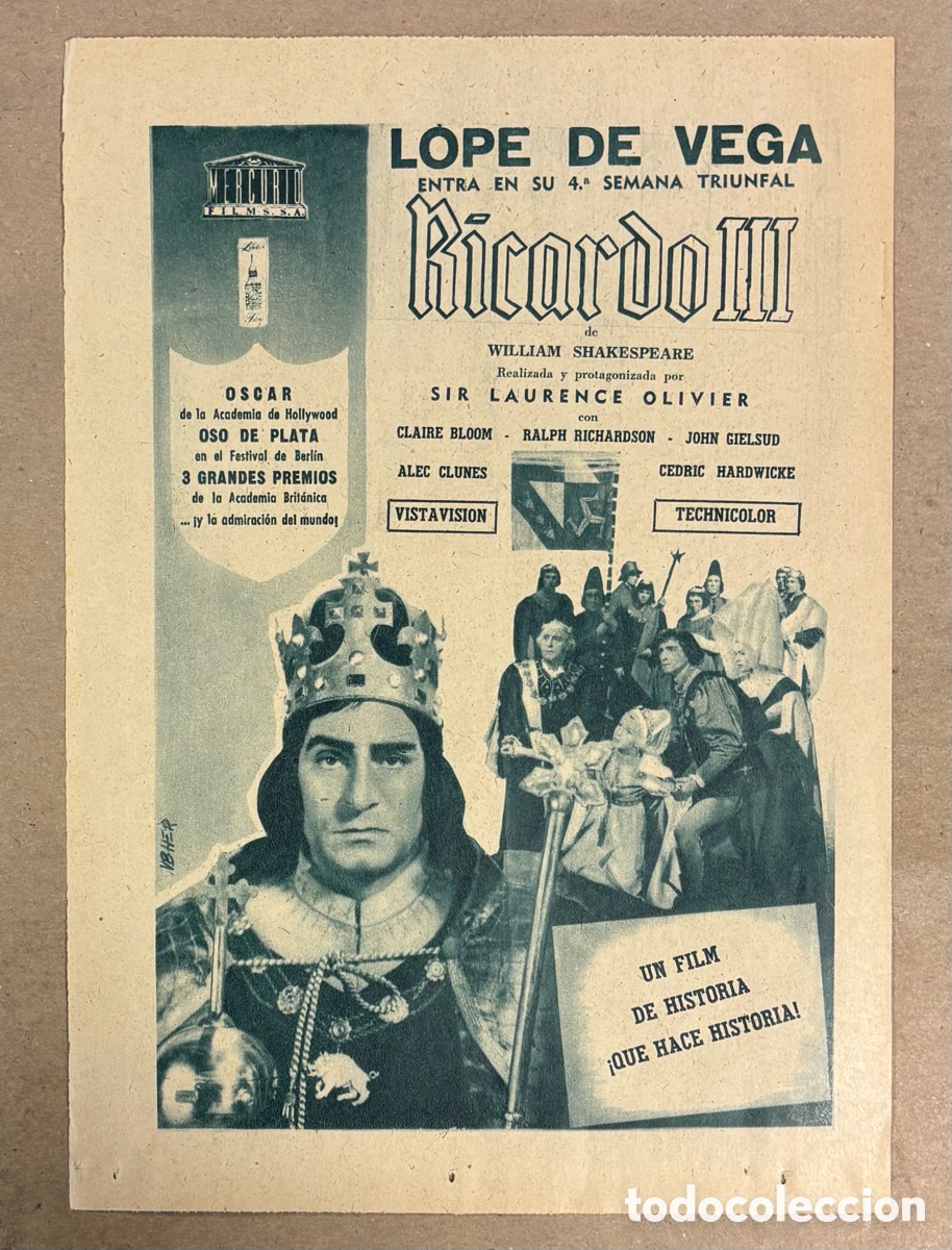 Cine: RICARDO III (LAURENCE OLIVIER). CARTEL PUBLICITARIO PEL&Iacute;CULA PERI&Oacute;DICO ABC A&Ntilde;O 1957.