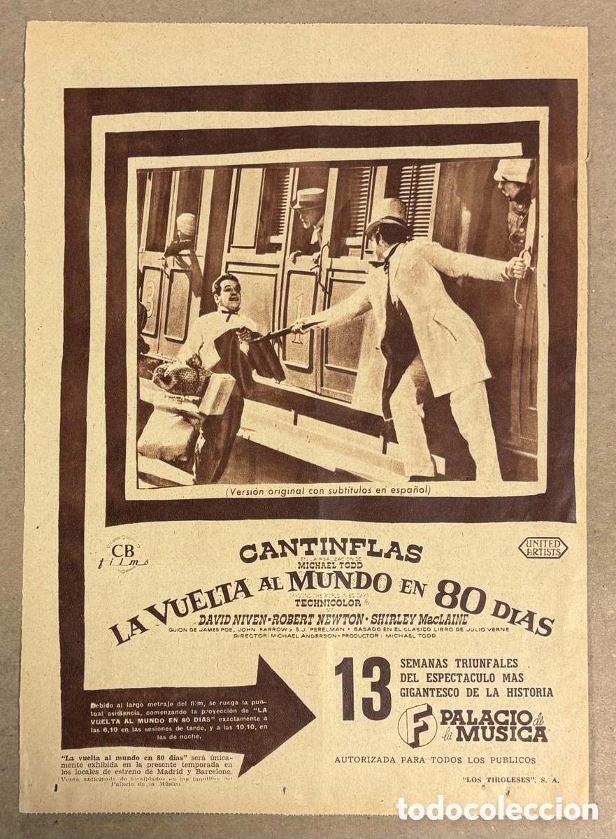 Cine: LA VUELTA AL MUNDO EN 80 D&Iacute;AS (CANTINFLAS). CARTEL PUBLICITARIO PEL&Iacute;CULA PERI&Oacute;DICO ABC A&Ntilde;O 1956
