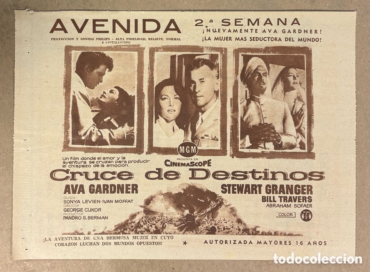 Cine: CRUCE DE DESTINOS (AVA GADNER). CARTEL PUBLICITARIO PEL&Iacute;CULA PERI&Oacute;DICO ABC A&Ntilde;O 1956.