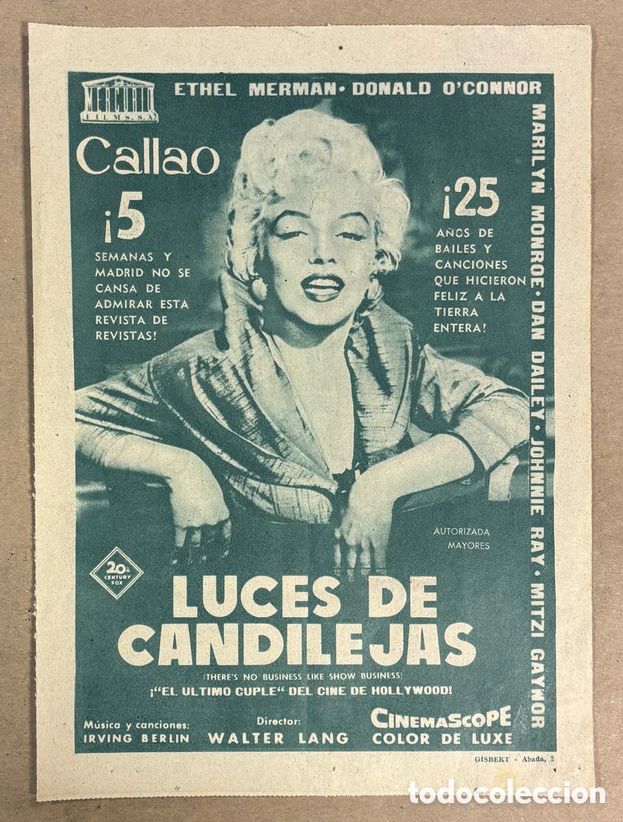 Cine: LUCES DE CANDILEJAS (MARILYN MONROE). CARTEL PUBLICITARIO PEL&Iacute;CULA PERI&Oacute;DICO ABC A&Ntilde;O 1959.