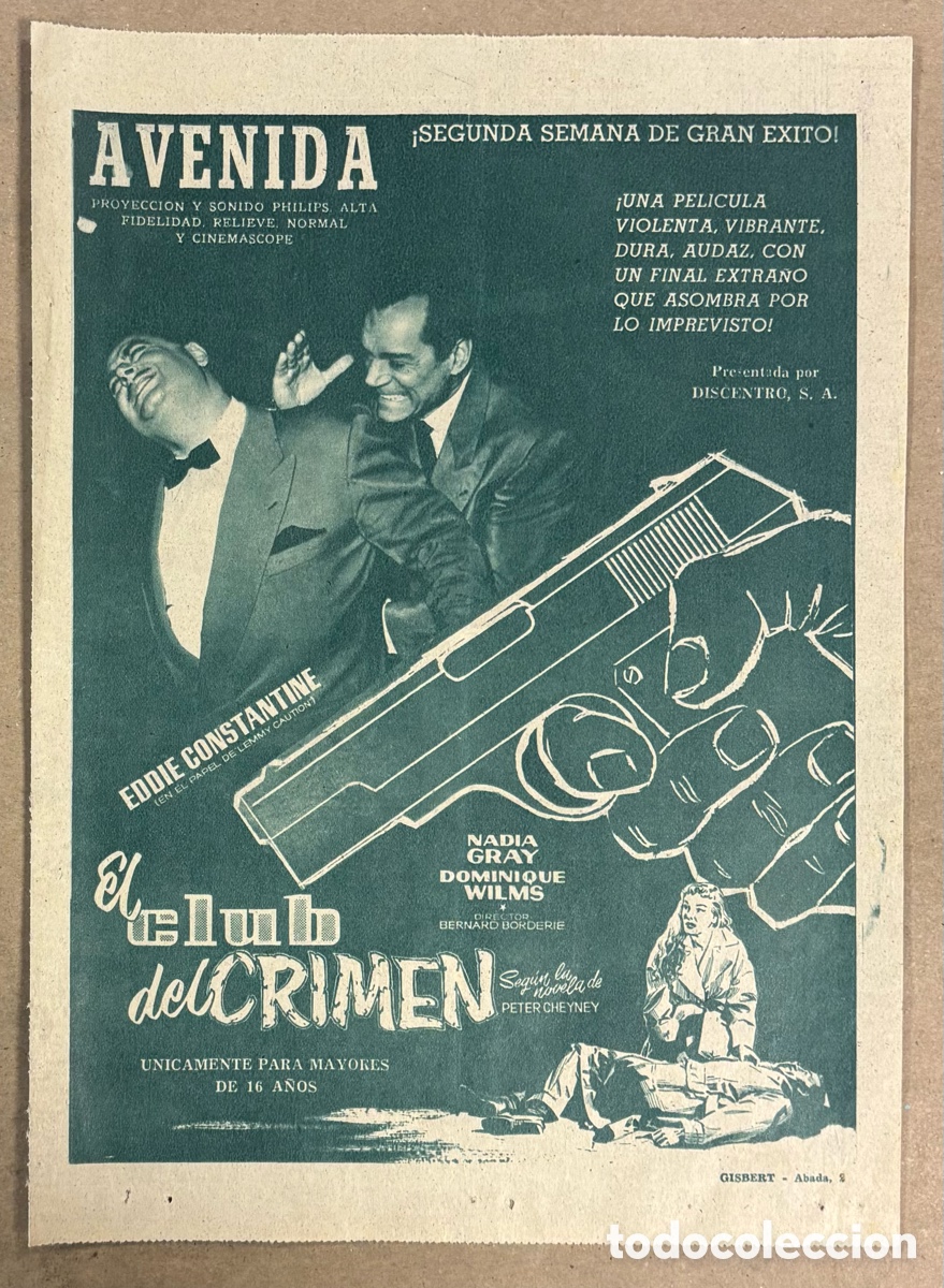 Cine: EL CLUB DEL CRIMEN (NADIA GRAY). CARTEL PUBLICITARIO PEL&Iacute;CULA PERI&Oacute;DICO ABC A&Ntilde;O 1959.