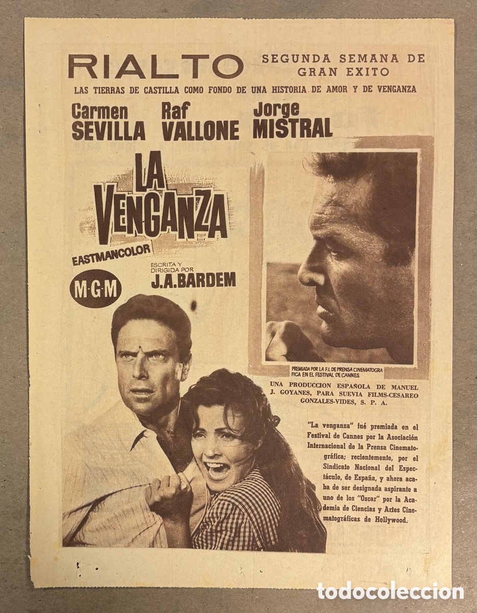 Cine: LA VENGANZA (J.A. BARDEM, CARMEN SEVILLA). CARTEL PUBLICITARIO PEL&Iacute;CULA PERI&Oacute;DICO ABC A&Ntilde;O 1959.