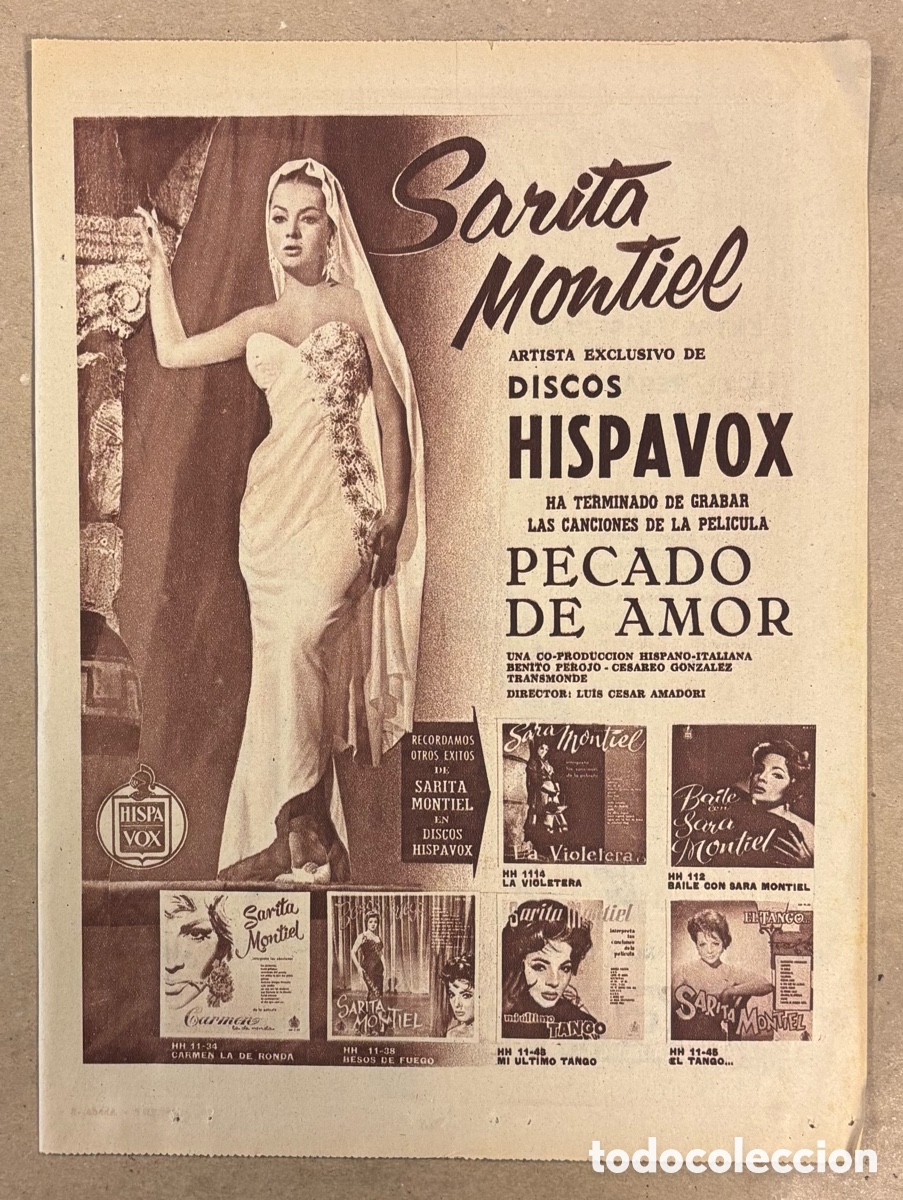 Cinema: PECADO DE AMOR (SARA MONTIEL). CARTEL PUBLICITARIO BANDA SONORA PERI&Oacute;DICO ABC DE 1961. HISPAVOX.