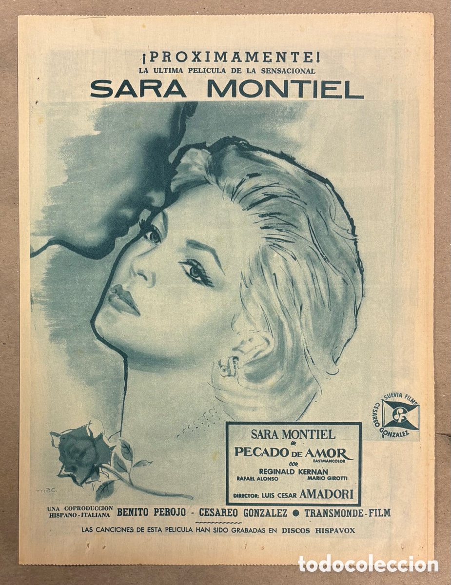 Cinema: PECADO DE AMOR (SARA MONTIEL). CARTEL PUBLICITARIO ESTRENO PEL&Iacute;CULA PERI&Oacute;DICO ABC 1961