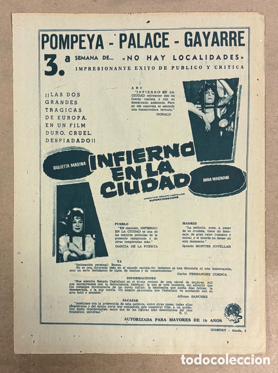 Cinema: INFIERNO EN LA CIUDAD (ANA MAGNANI). ANUNCIO PUBLICITARIO CARTEL ESTRENO PEL&Iacute;CULA ABC 1960