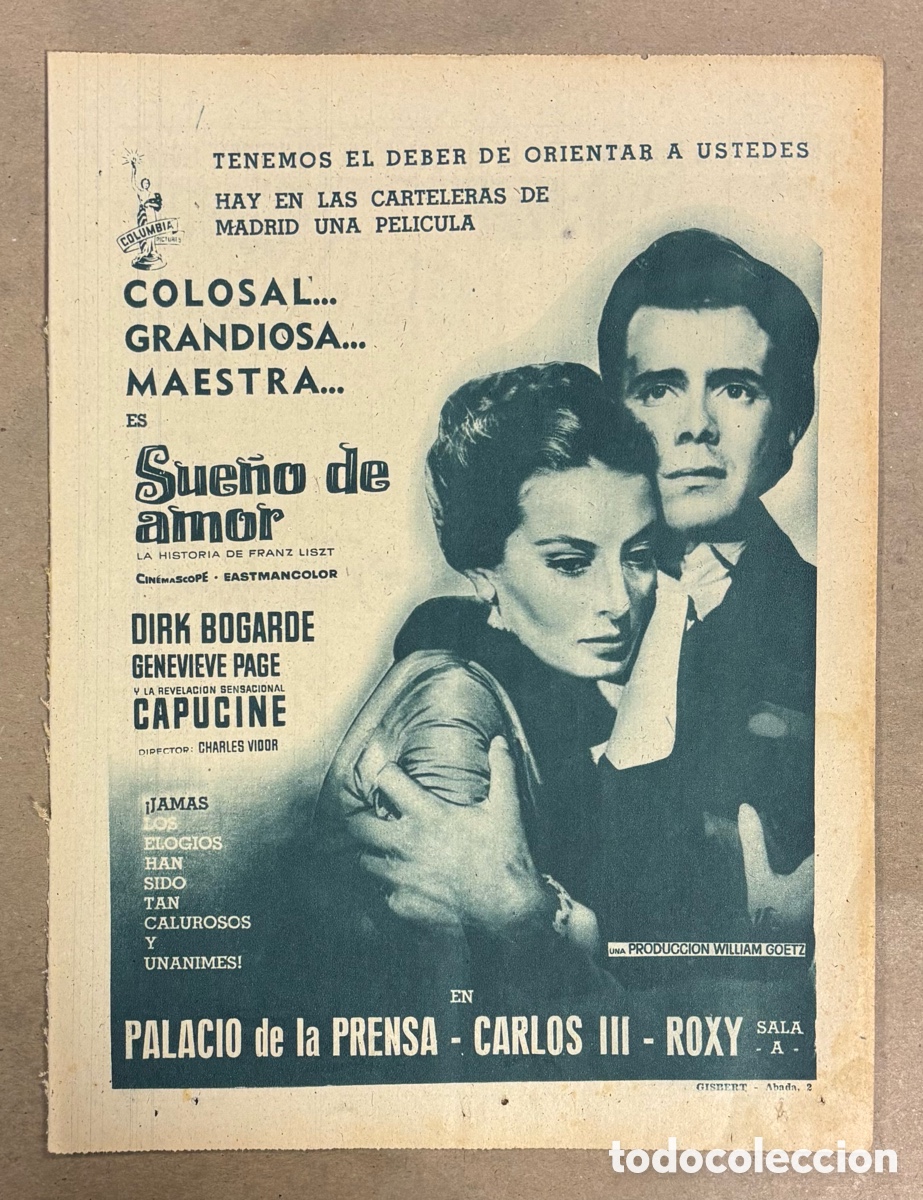 Cinema: SUE&Ntilde;O DE AMOR (DIRK BOGARDE). ANUNCIO PUBLICITARIO CARTEL ESTRENO PEL&Iacute;CULA PERI&Oacute;DICO ABC 1960.