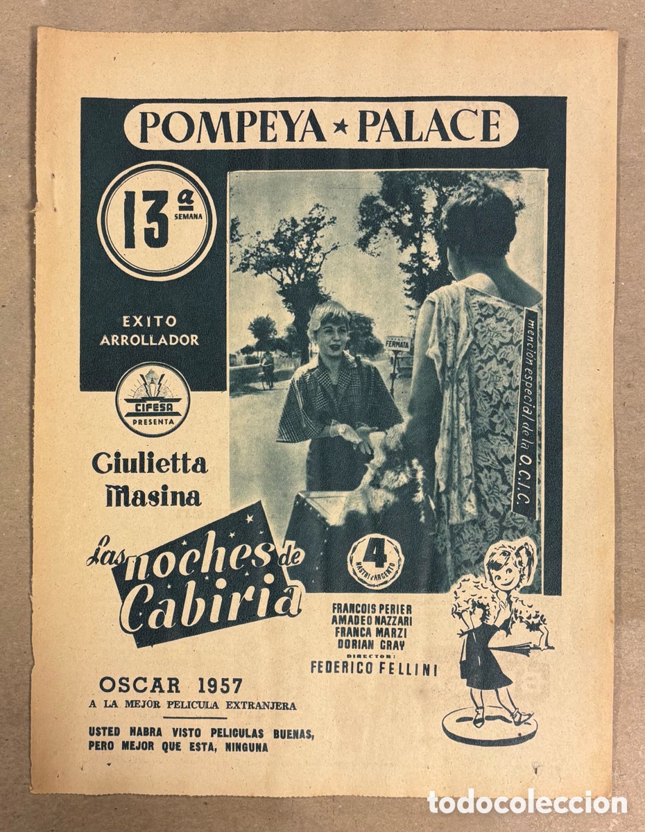 Cinema: LAS NOCHES DE CABIRIA (GIULIETTA MASINA). ANUNCIO PUBLICITARIO CARTEL ESTRENO PEL&Iacute;CULA ABC 1958.