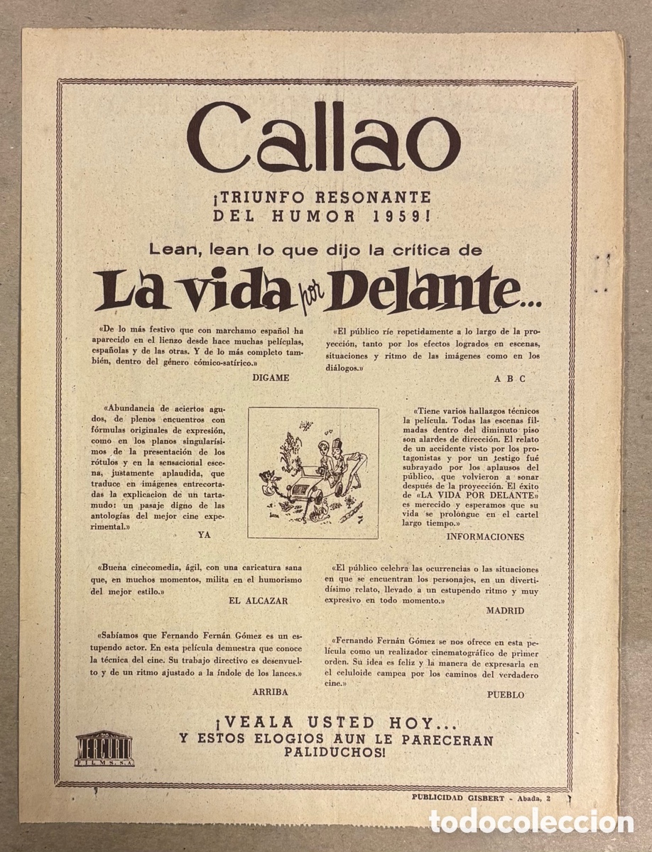 Cinema: LA VIDA POR DELANTE (FERNANDO FERNAN G&Oacute;MEZ). ANUNCIO PUBLICITARIO CARTEL ESTRENO PEL&Iacute;CULA ABC 1959