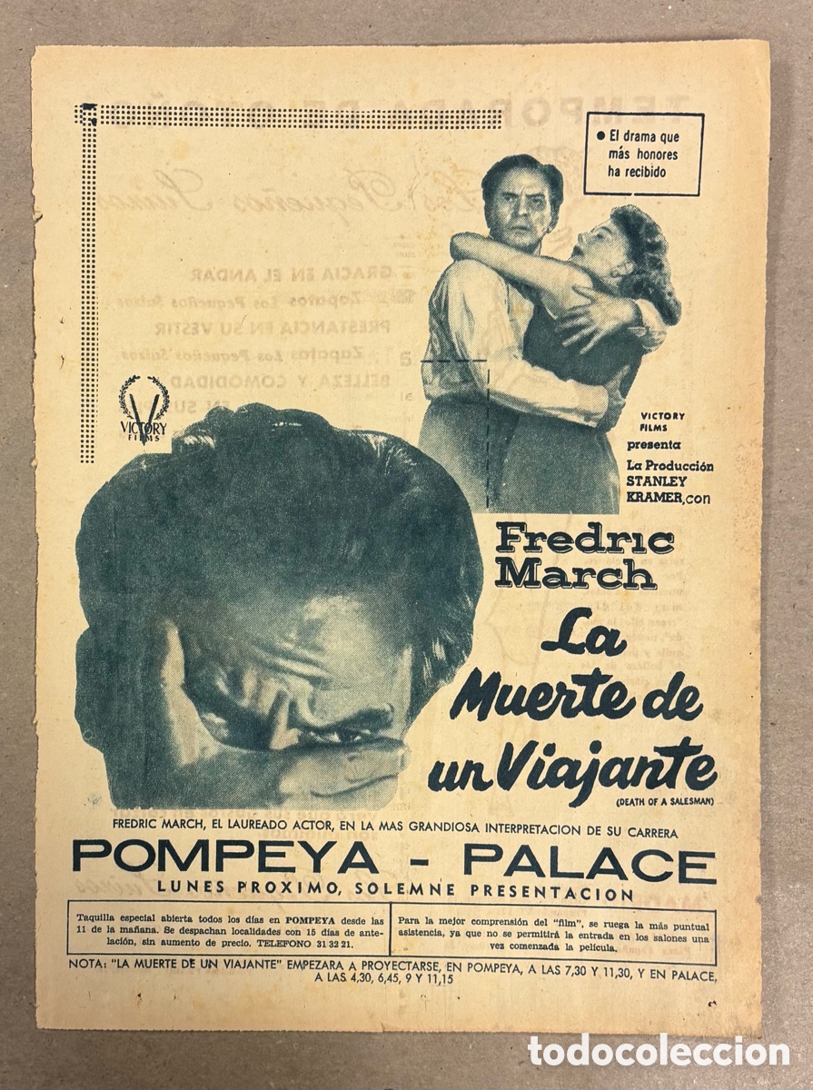 Cinema: LA MUERTE DE UN VIAJANTE (FEDRIC MARCH). ANUNCIO PUBLICITARIO CARTEL ESTRENO PEL&Iacute;CULA ABC 1955