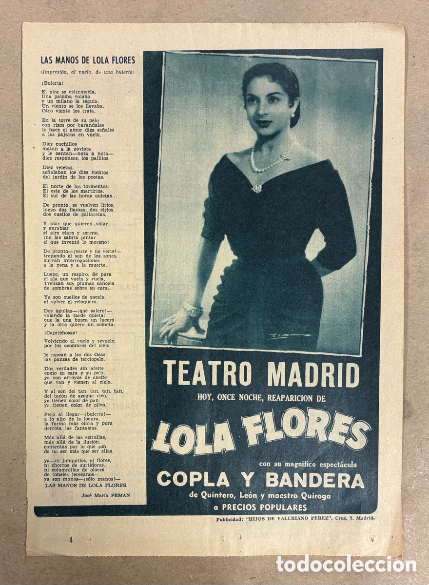 Cinema: LOLA FLORES. ANUNCIO PUBLICITARIO CARTEL ACTUACI&Oacute;N TEATRO MADRID PERI&Oacute;DICO ABC 1954
