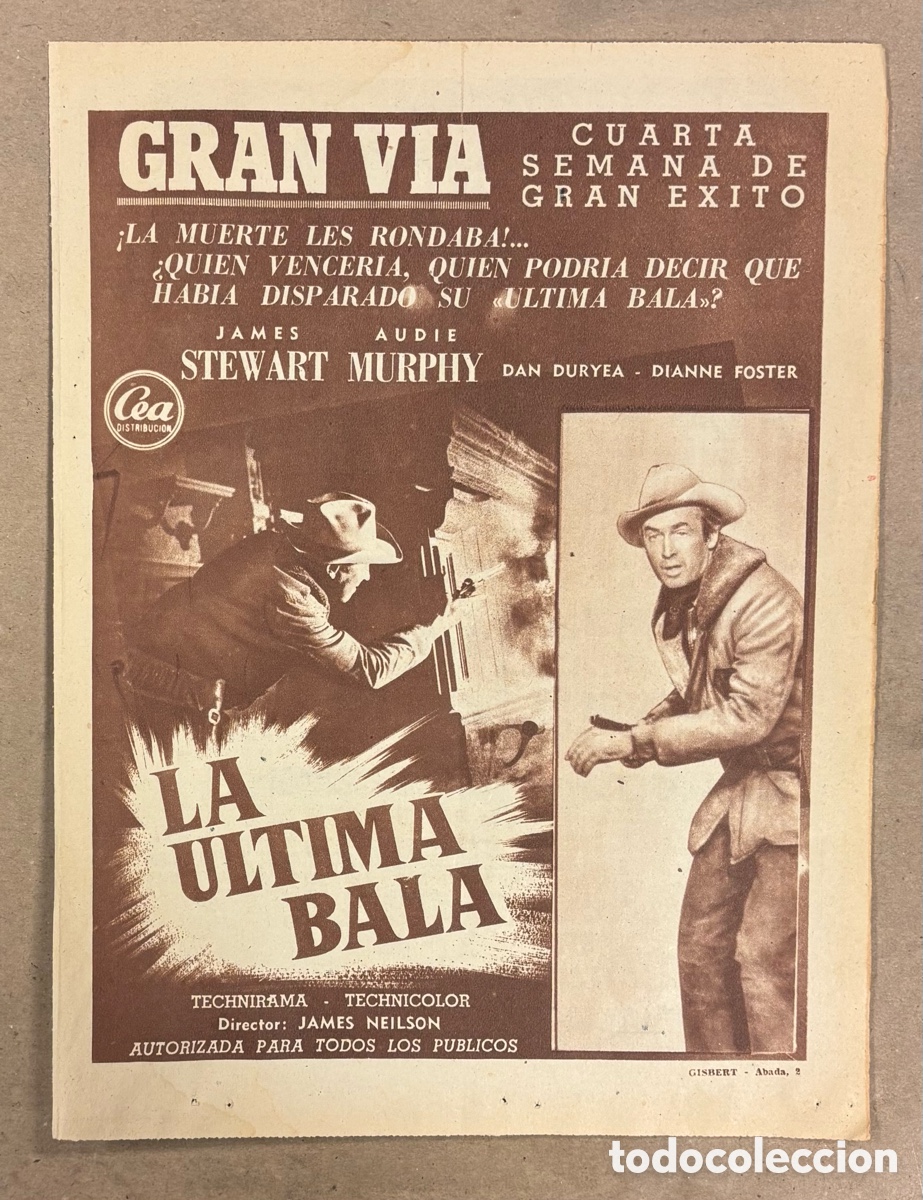 Cinema: LA &Uacute;LTIMA BALA (JAMES STEWART). ANUNCIO PUBLICITARIO CARTEL ESTRENO PEL&Iacute;CULA ABC 1957.