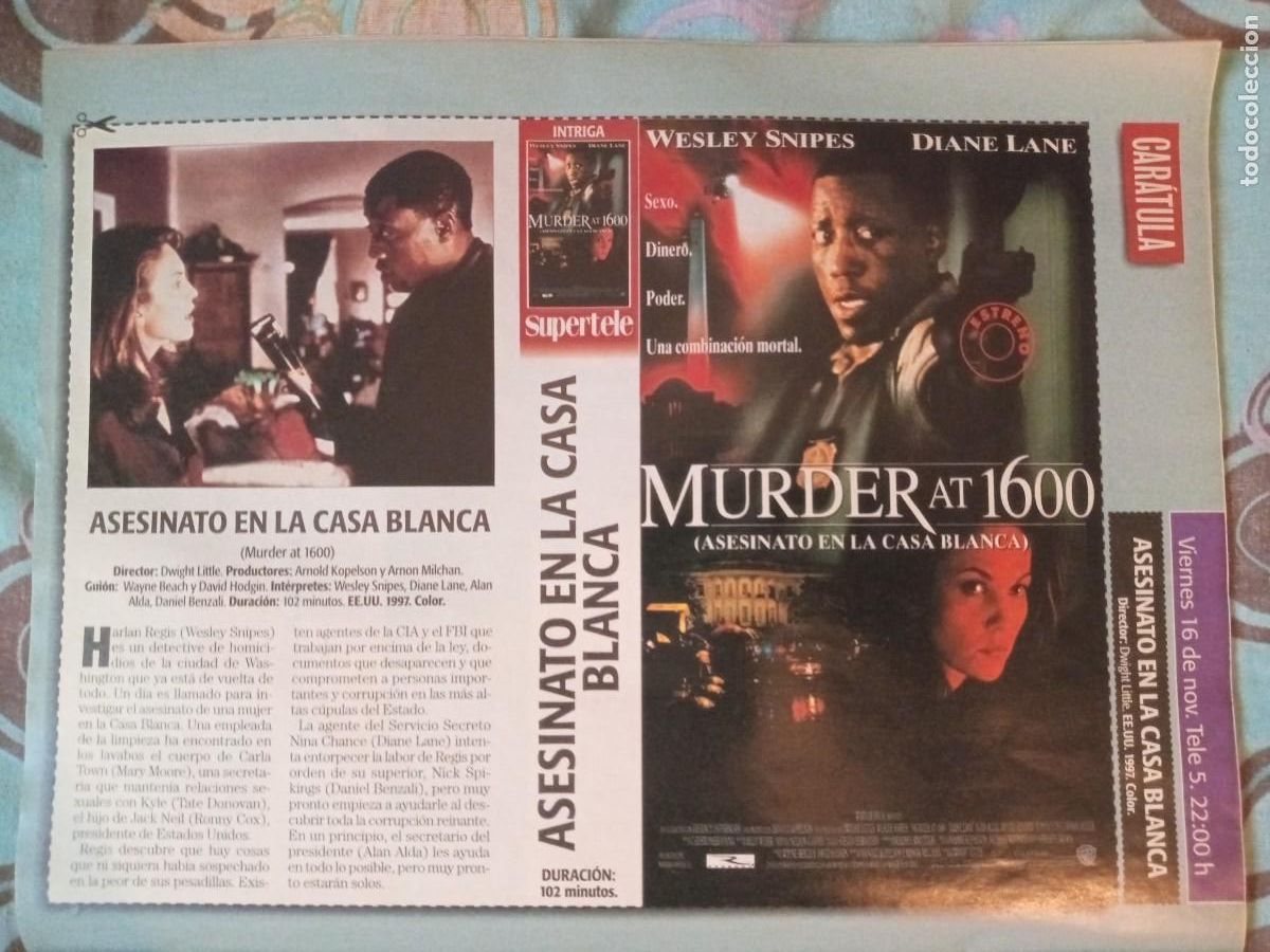 Cine: Recorte/car&aacute;tula/cartel de cine. Pel&iacute;cula Asesinato en la Casa Blanca, con Wesley Snipes. V&aacute;lida VHS