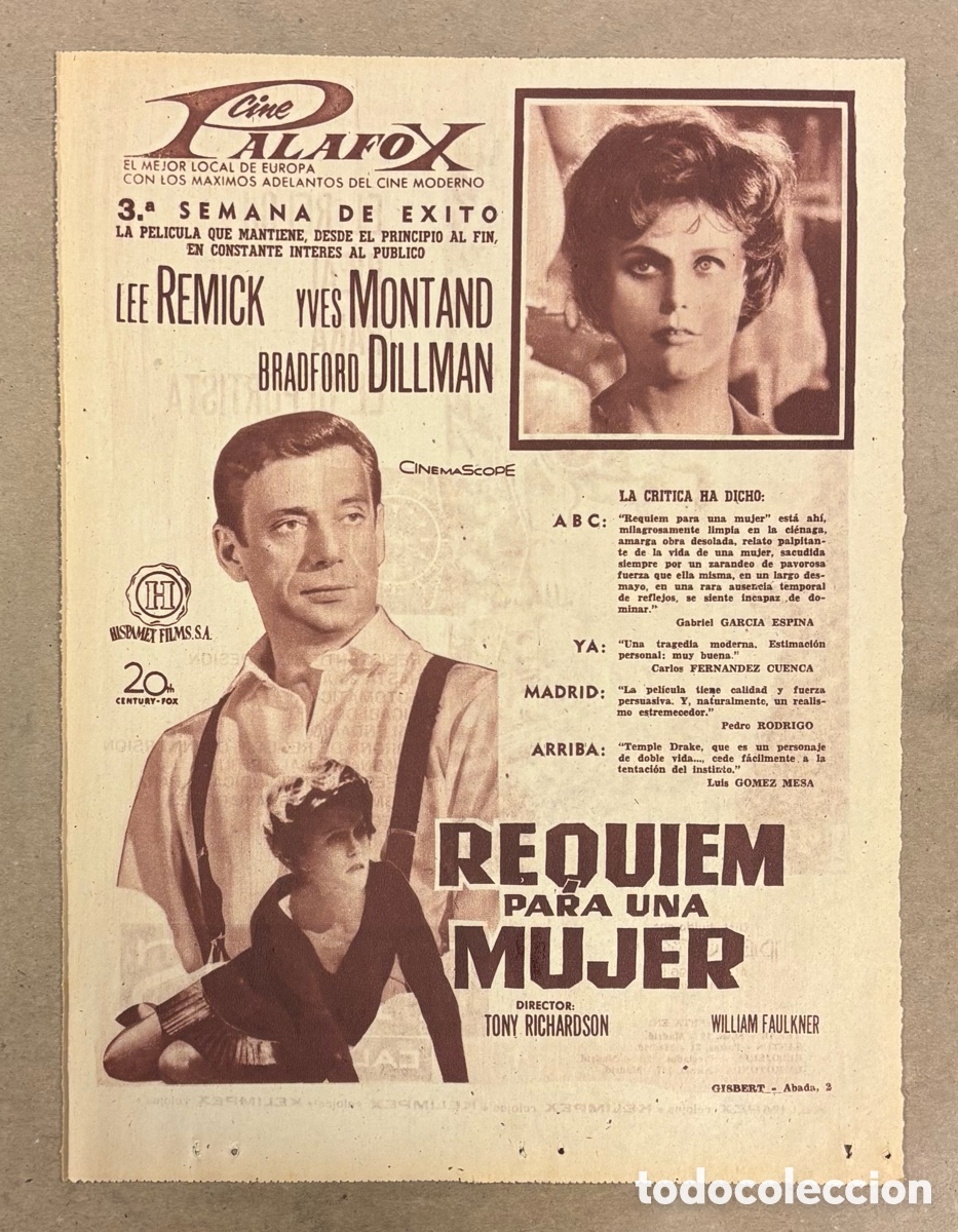 Cine: REQUIEM PARA UNA MUJER (LEE REMICK). ANUNCIO CARTEL ESTRENO PEL&Iacute;CULA PERI&Oacute;DICO ABC A&Ntilde;O 1963. PALAFOX