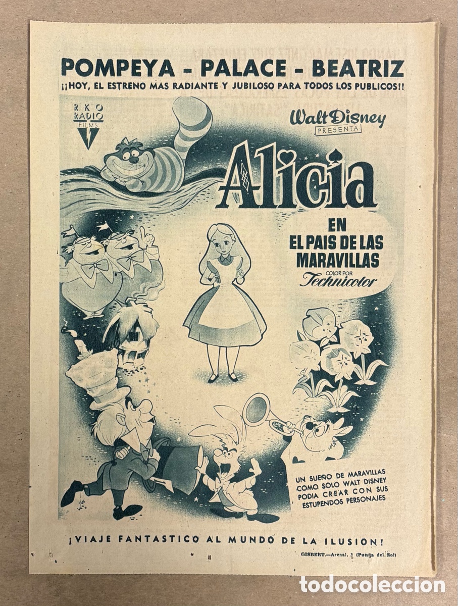 Cine: ALICIA EN EL PA&Iacute;S DE LAS MARAVILLAS (WALT DISNEY). ANUNCIO CARTEL ESTREN PEL&Iacute;CULA PERI&Oacute;DICO ABC 1954