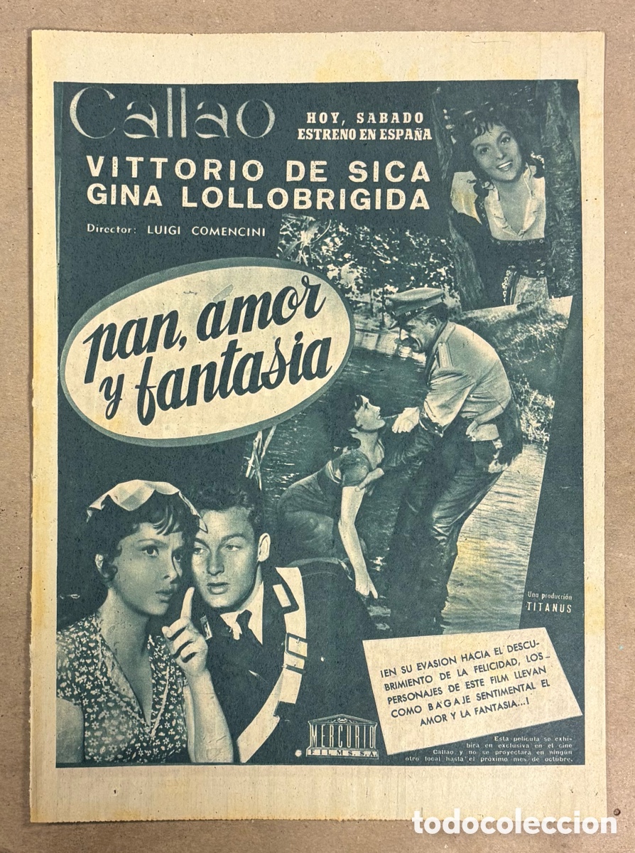 Cine: PAN, AMOR Y FANTASIA (GINA LOLLOBRIGIDA). ANUNCIO CARTEL ESTRENO PEL&Iacute;CULA PERI&Oacute;DICO ABC 1954